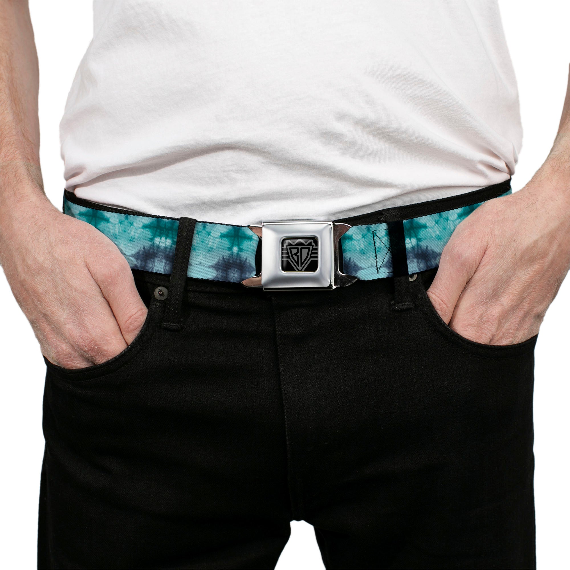 BD Wings Logo CLOSE-UP Full Color Black Silver Seatbelt Belt - Tie Dye Reflection Turquoise Blues Webbing Seatbelt Belts Buckle-Down