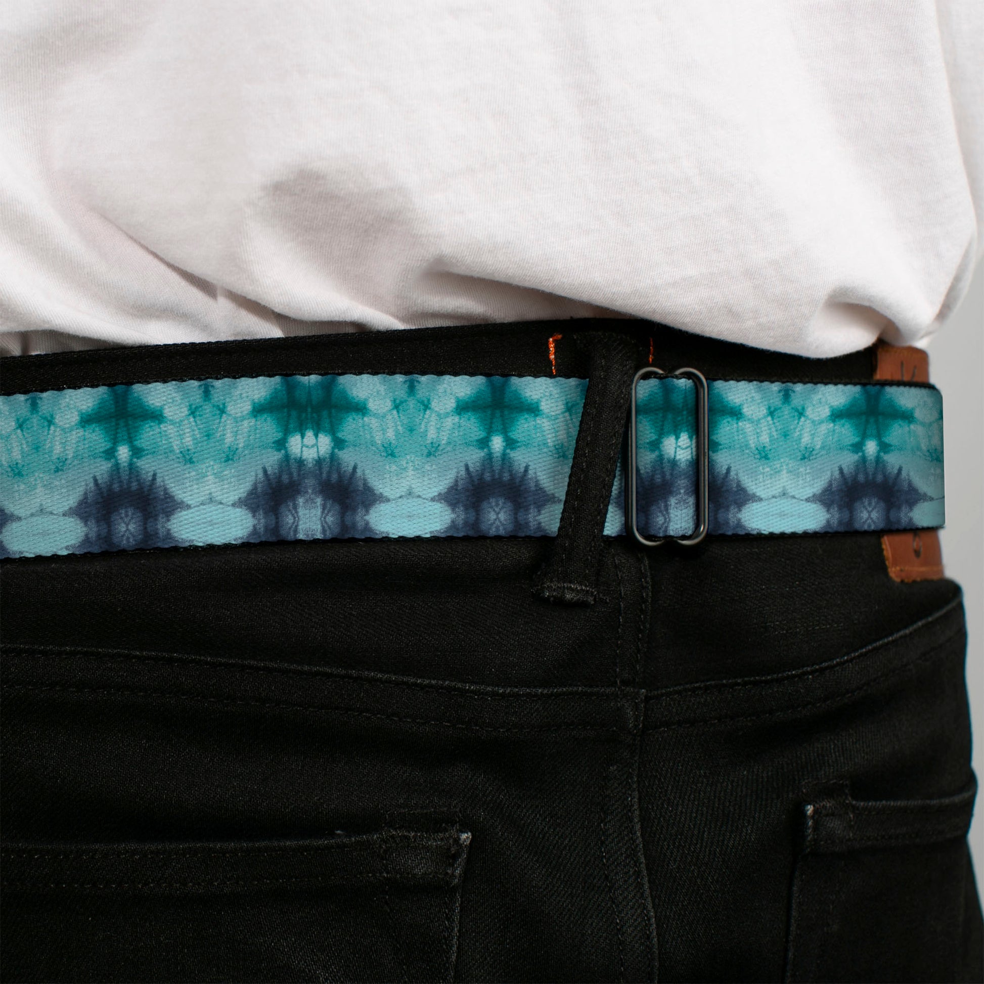 BD Wings Logo CLOSE-UP Full Color Black Silver Seatbelt Belt - Tie Dye Reflection Turquoise Blues Webbing Seatbelt Belts Buckle-Down