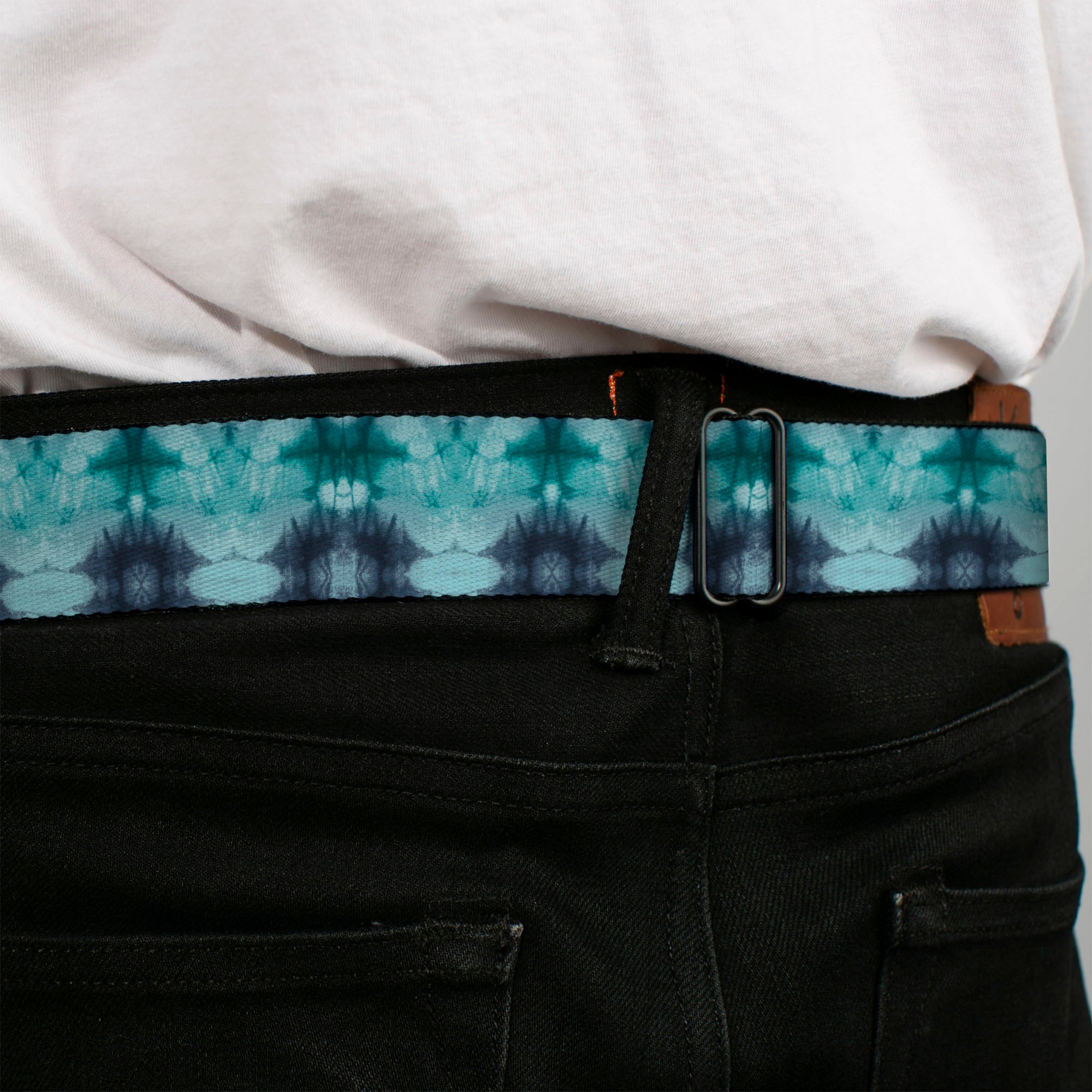 BD Wings Logo CLOSE-UP Full Color Black Silver Seatbelt Belt - Tie Dye Reflection Turquoise Blues Webbing Seatbelt Belts Buckle-Down