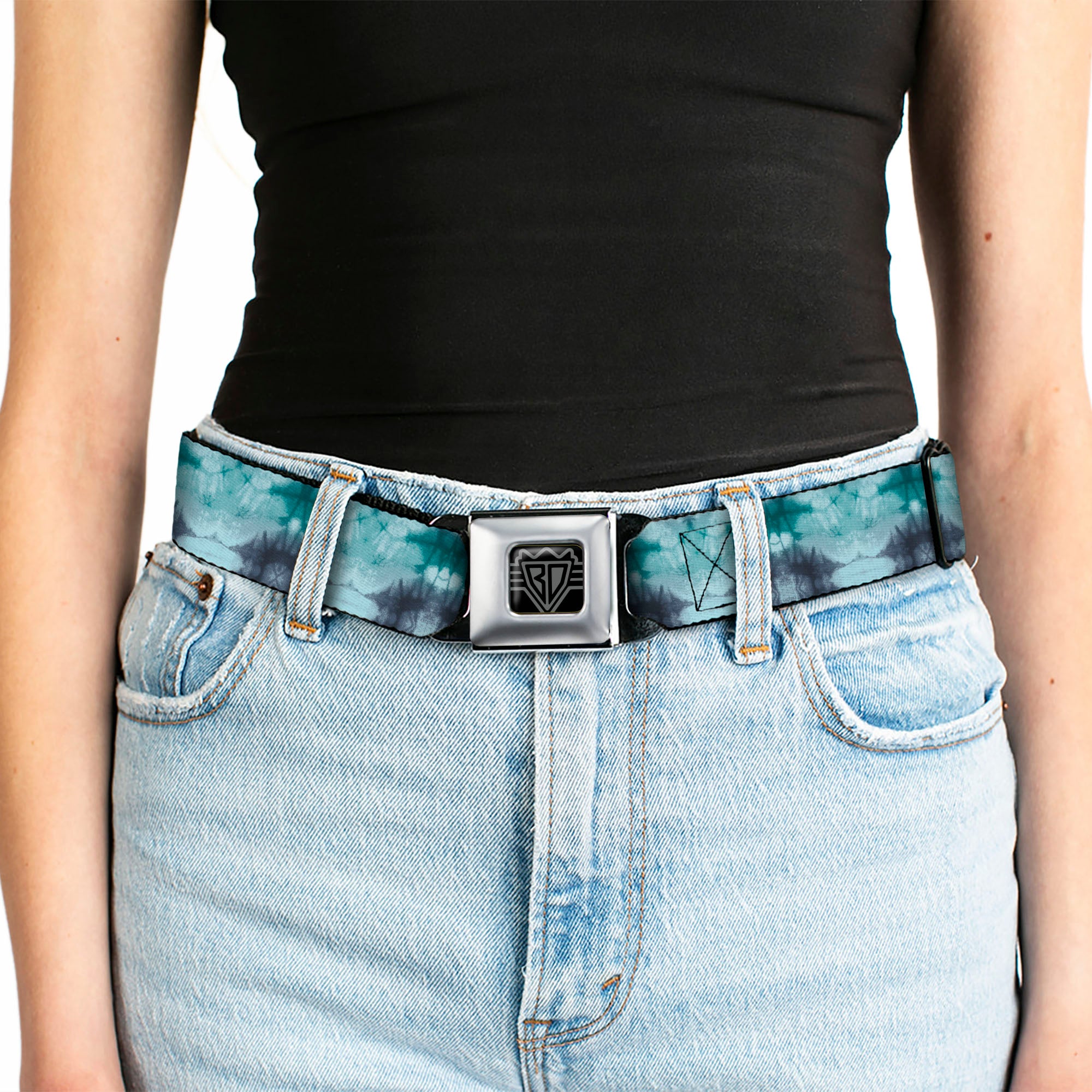BD Wings Logo CLOSE-UP Full Color Black Silver Seatbelt Belt - Tie Dye Reflection Turquoise Blues Webbing Seatbelt Belts Buckle-Down
