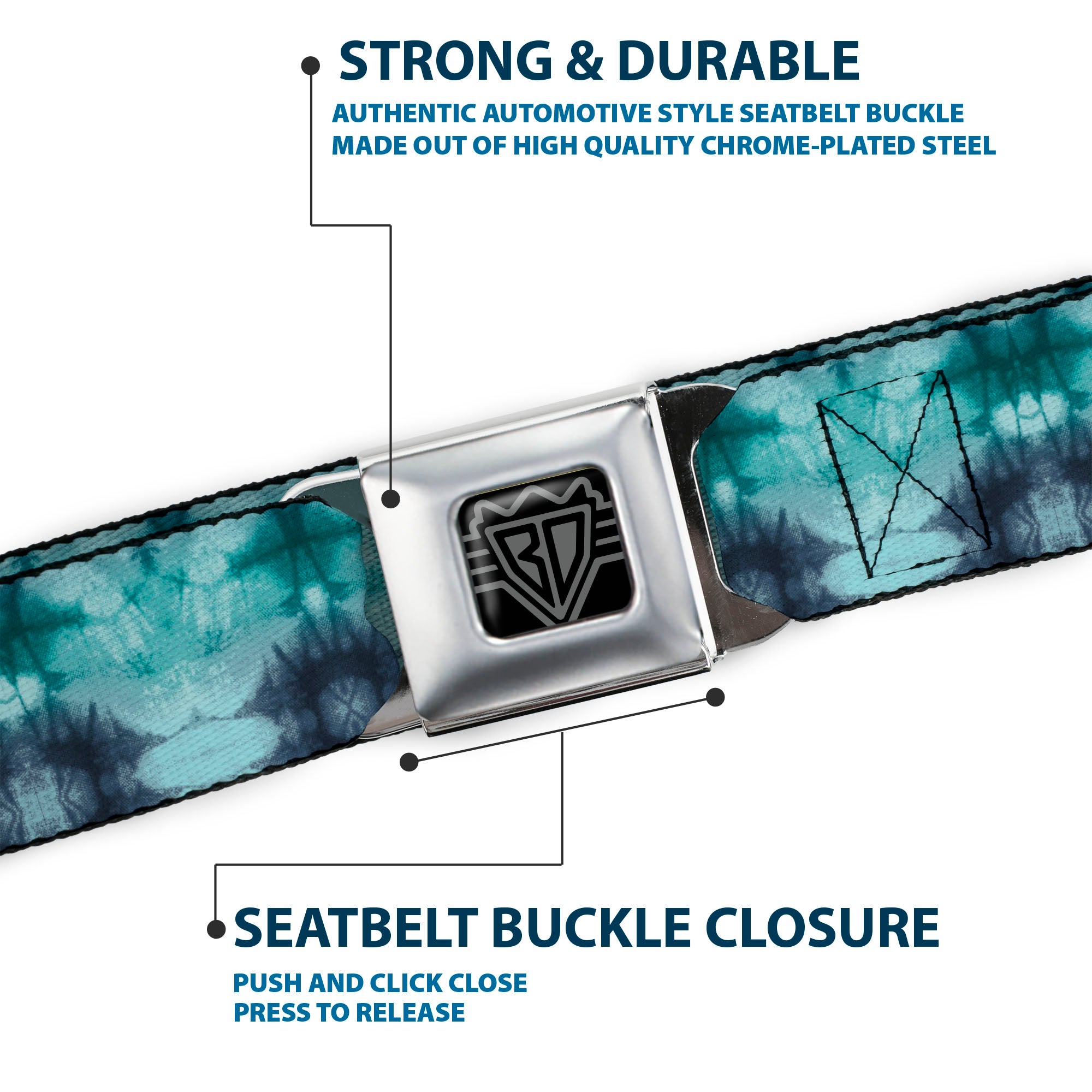 BD Wings Logo CLOSE-UP Full Color Black Silver Seatbelt Belt - Tie Dye Reflection Turquoise Blues Webbing Seatbelt Belts Buckle-Down