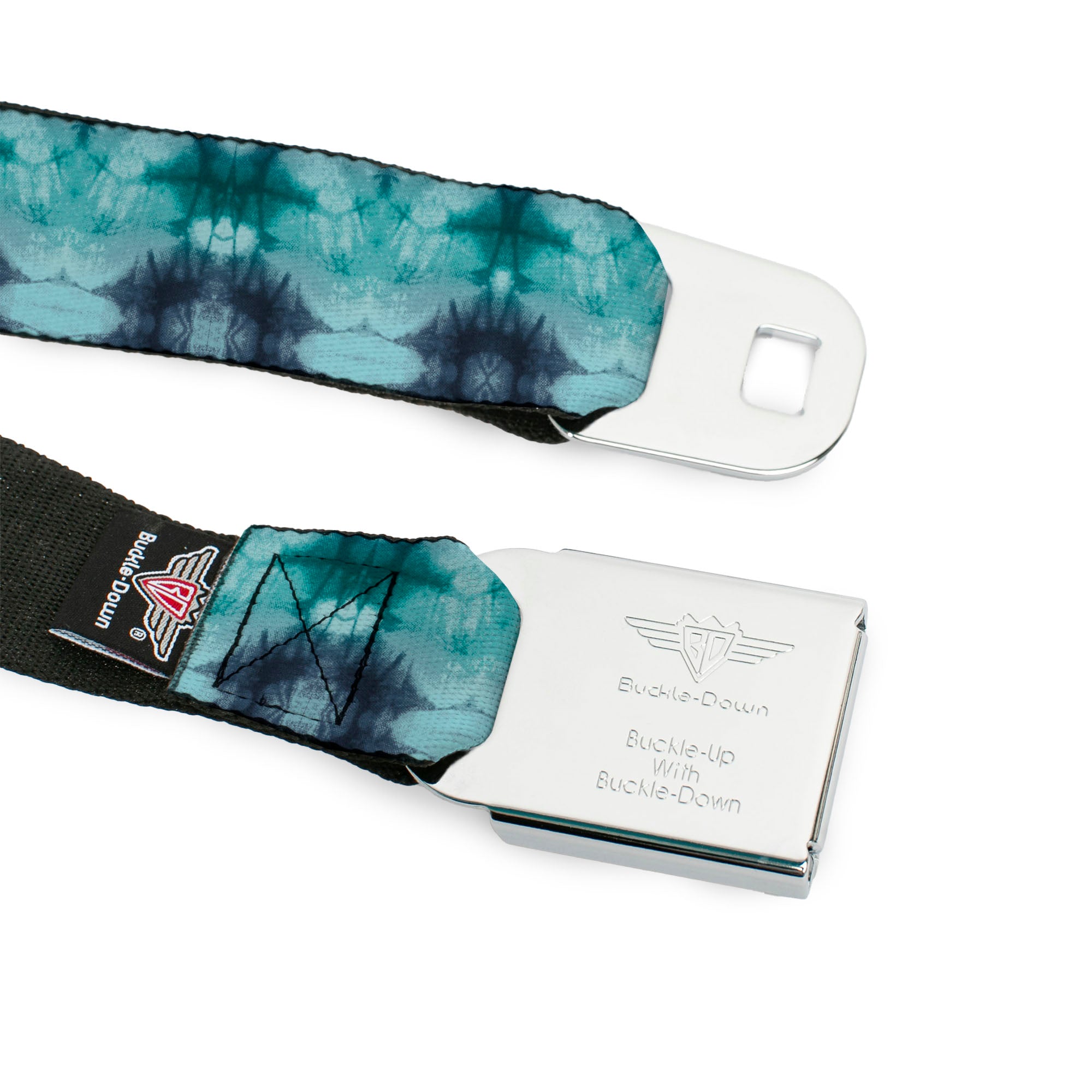BD Wings Logo CLOSE-UP Full Color Black Silver Seatbelt Belt - Tie Dye Reflection Turquoise Blues Webbing Seatbelt Belts Buckle-Down