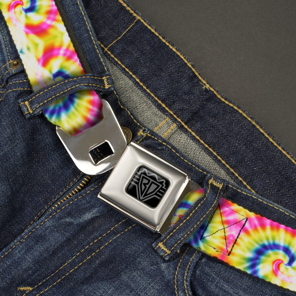 BD Wings Logo CLOSE-UP Black/Silver Seatbelt Belt - Tie Dye Swirl Multi Color/White Webbing Seatbelt Belts Buckle-Down