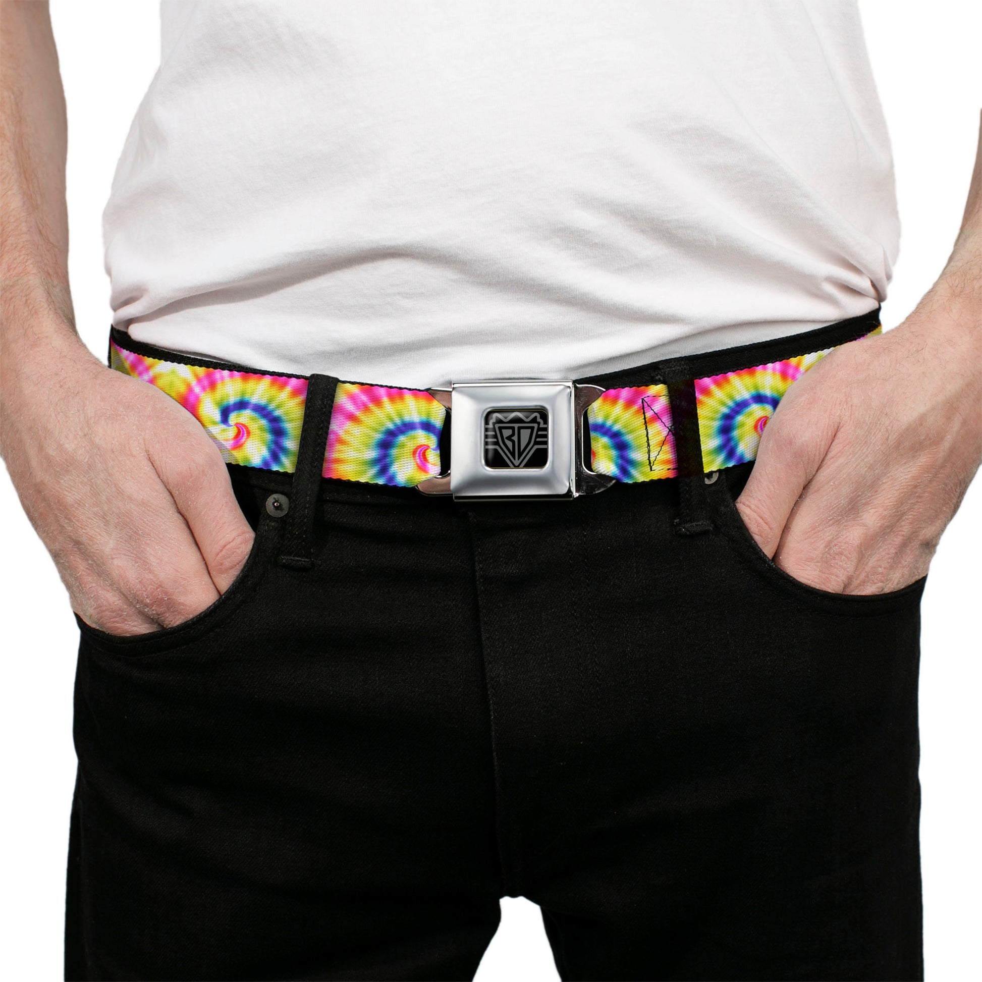 BD Wings Logo CLOSE-UP Black/Silver Seatbelt Belt - Tie Dye Swirl Multi Color/White Webbing Seatbelt Belts Buckle-Down
