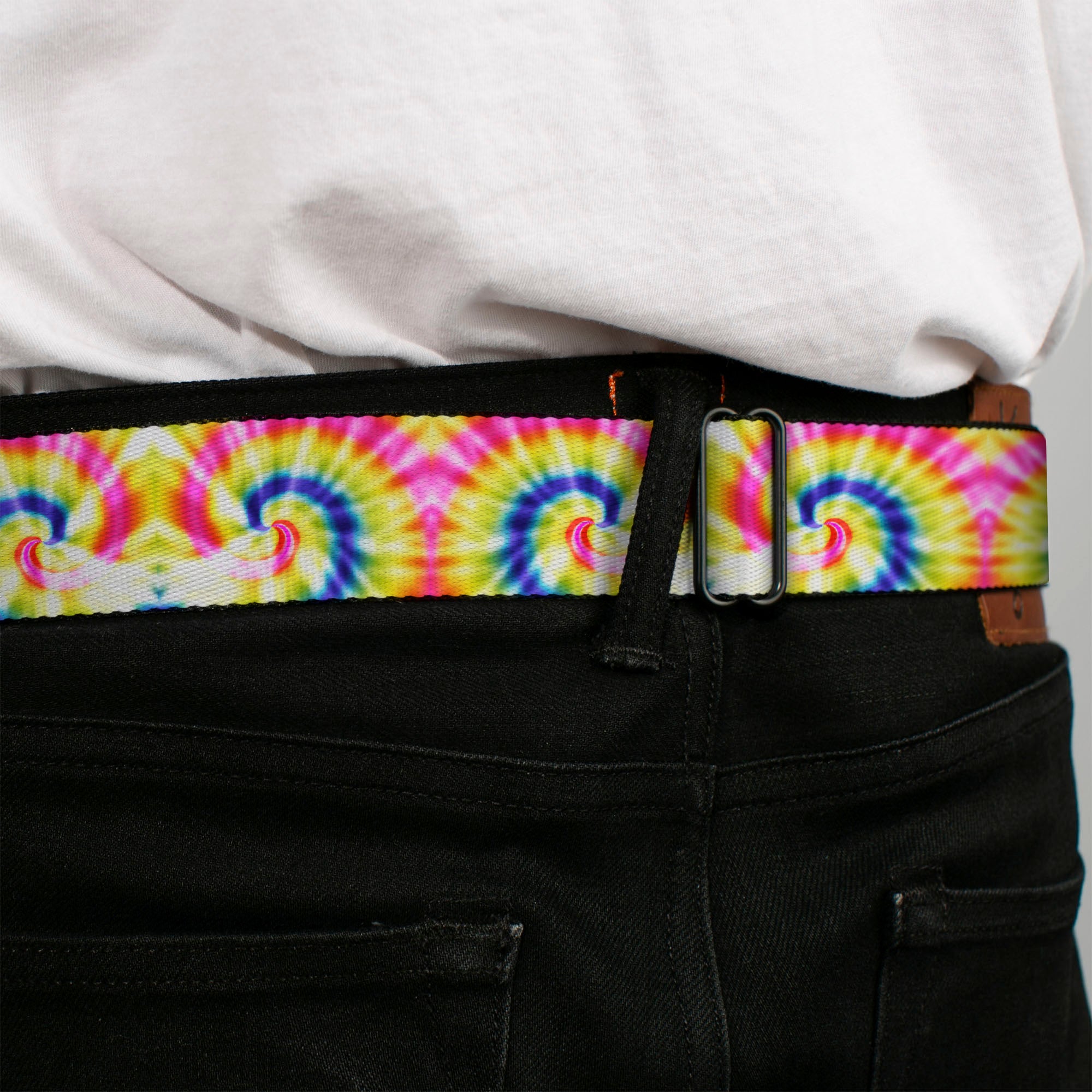 BD Wings Logo CLOSE-UP Black/Silver Seatbelt Belt - Tie Dye Swirl Multi Color/White Webbing Seatbelt Belts Buckle-Down