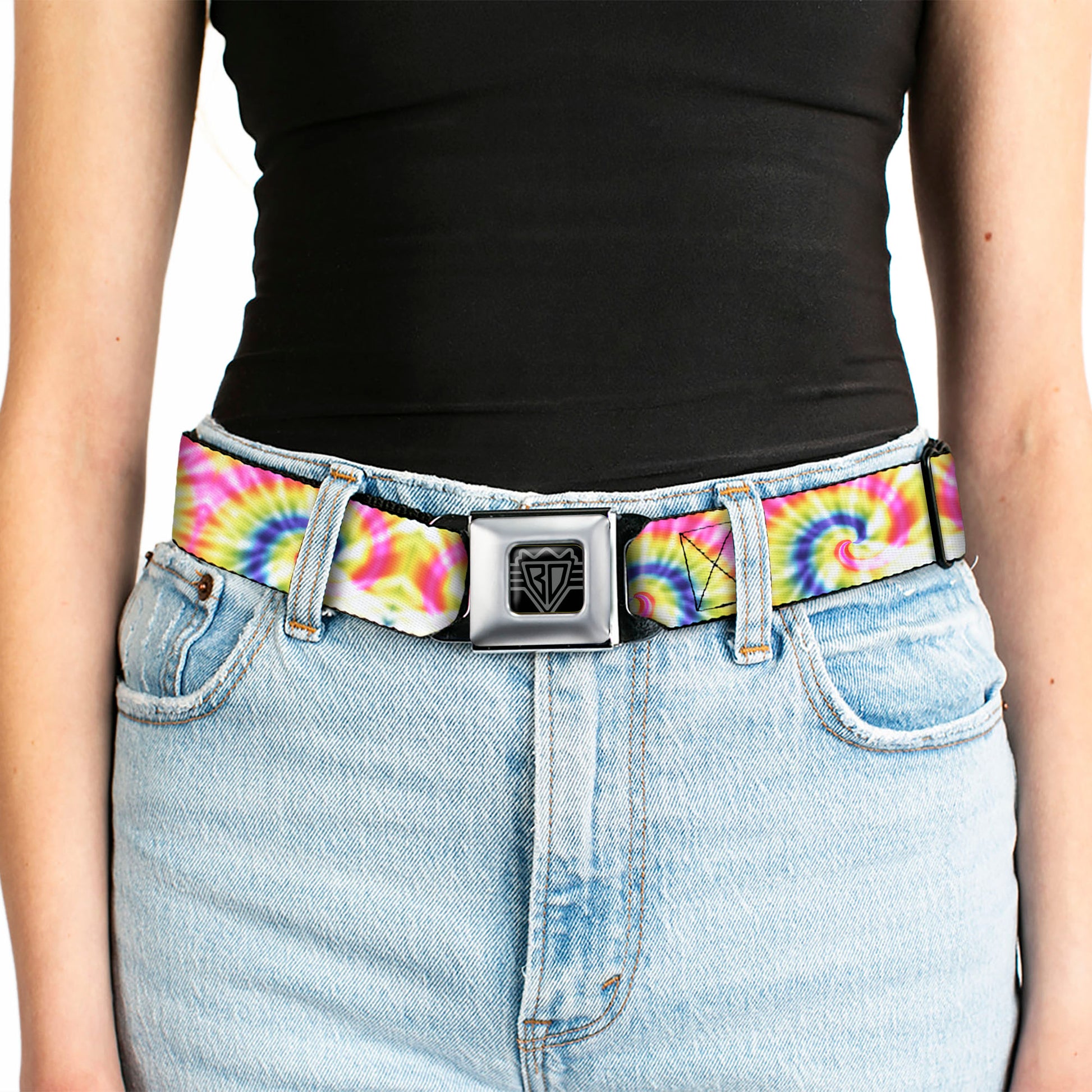 BD Wings Logo CLOSE-UP Black/Silver Seatbelt Belt - Tie Dye Swirl Multi Color/White Webbing Seatbelt Belts Buckle-Down