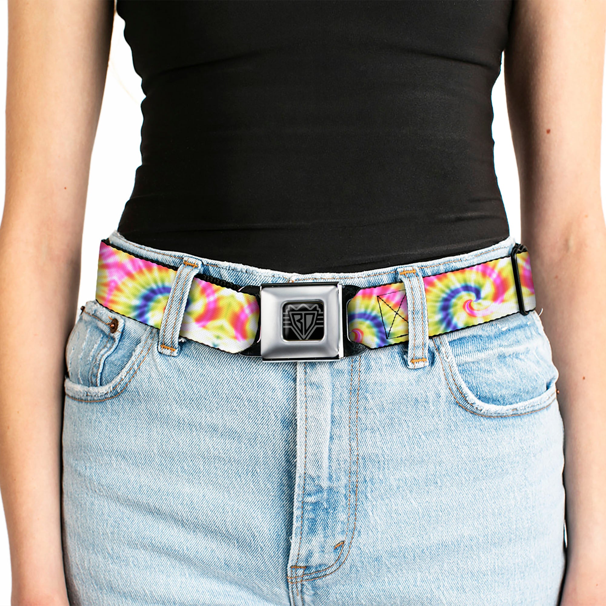 BD Wings Logo CLOSE-UP Black/Silver Seatbelt Belt - Tie Dye Swirl Multi Color/White Webbing Seatbelt Belts Buckle-Down