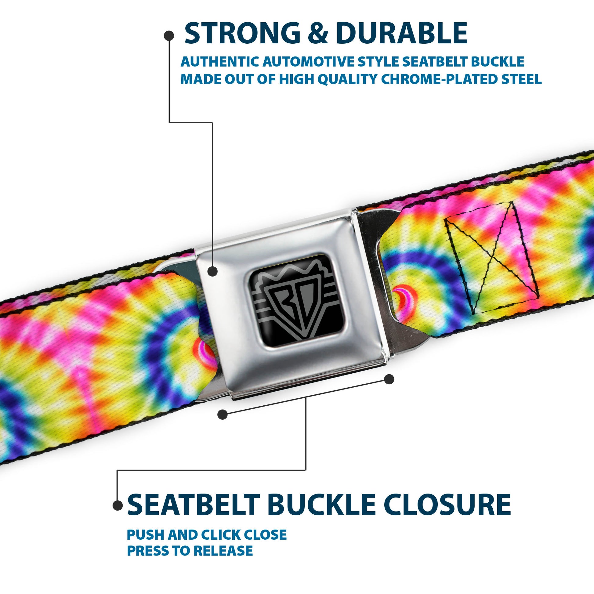 BD Wings Logo CLOSE-UP Black/Silver Seatbelt Belt - Tie Dye Swirl Multi Color/White Webbing Seatbelt Belts Buckle-Down