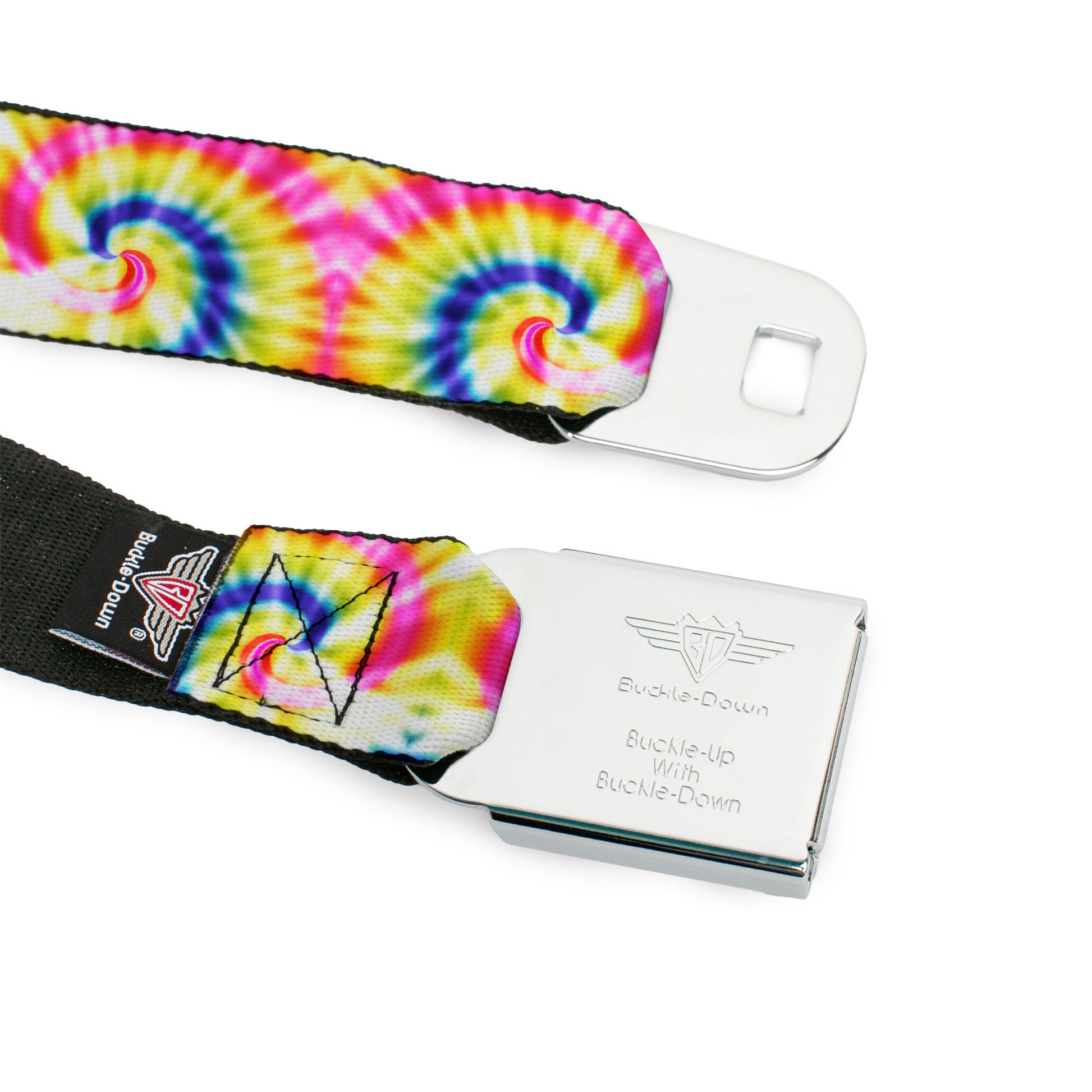 BD Wings Logo CLOSE-UP Black/Silver Seatbelt Belt - Tie Dye Swirl Multi Color/White Webbing Seatbelt Belts Buckle-Down