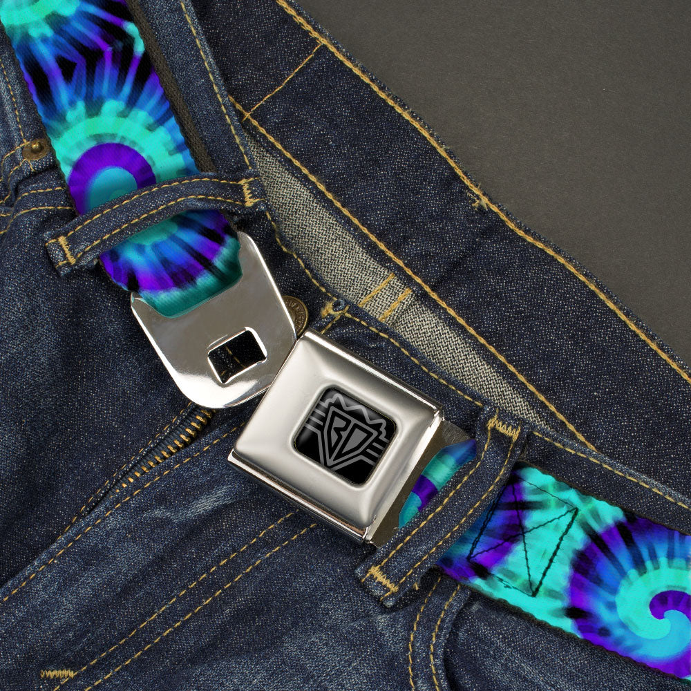 BD Wings Logo CLOSE-UP Black/Silver Seatbelt Belt - Tie Dye Swirl Purples/Blues Webbing Seatbelt Belts Buckle-Down