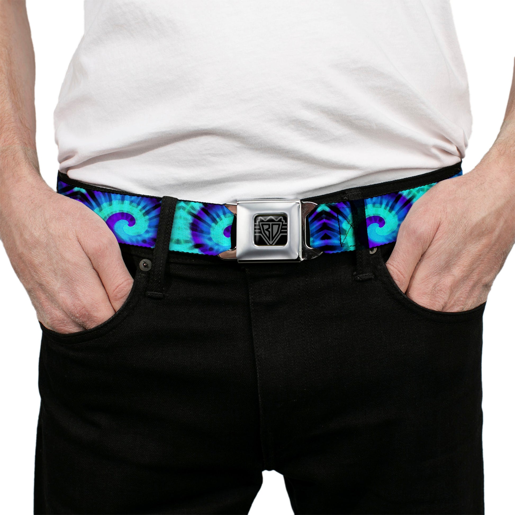 BD Wings Logo CLOSE-UP Black/Silver Seatbelt Belt - Tie Dye Swirl Purples/Blues Webbing Seatbelt Belts Buckle-Down