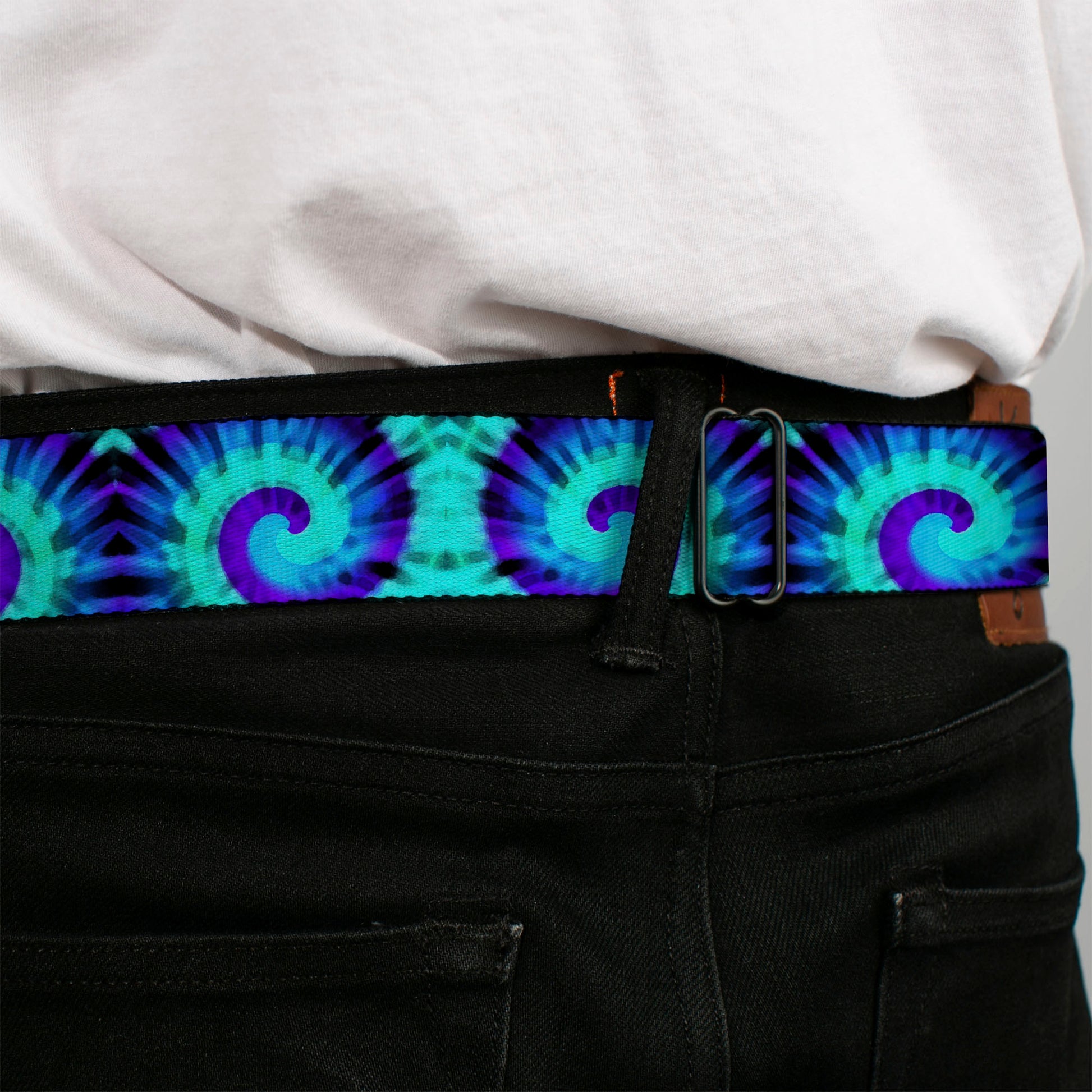 BD Wings Logo CLOSE-UP Black/Silver Seatbelt Belt - Tie Dye Swirl Purples/Blues Webbing Seatbelt Belts Buckle-Down