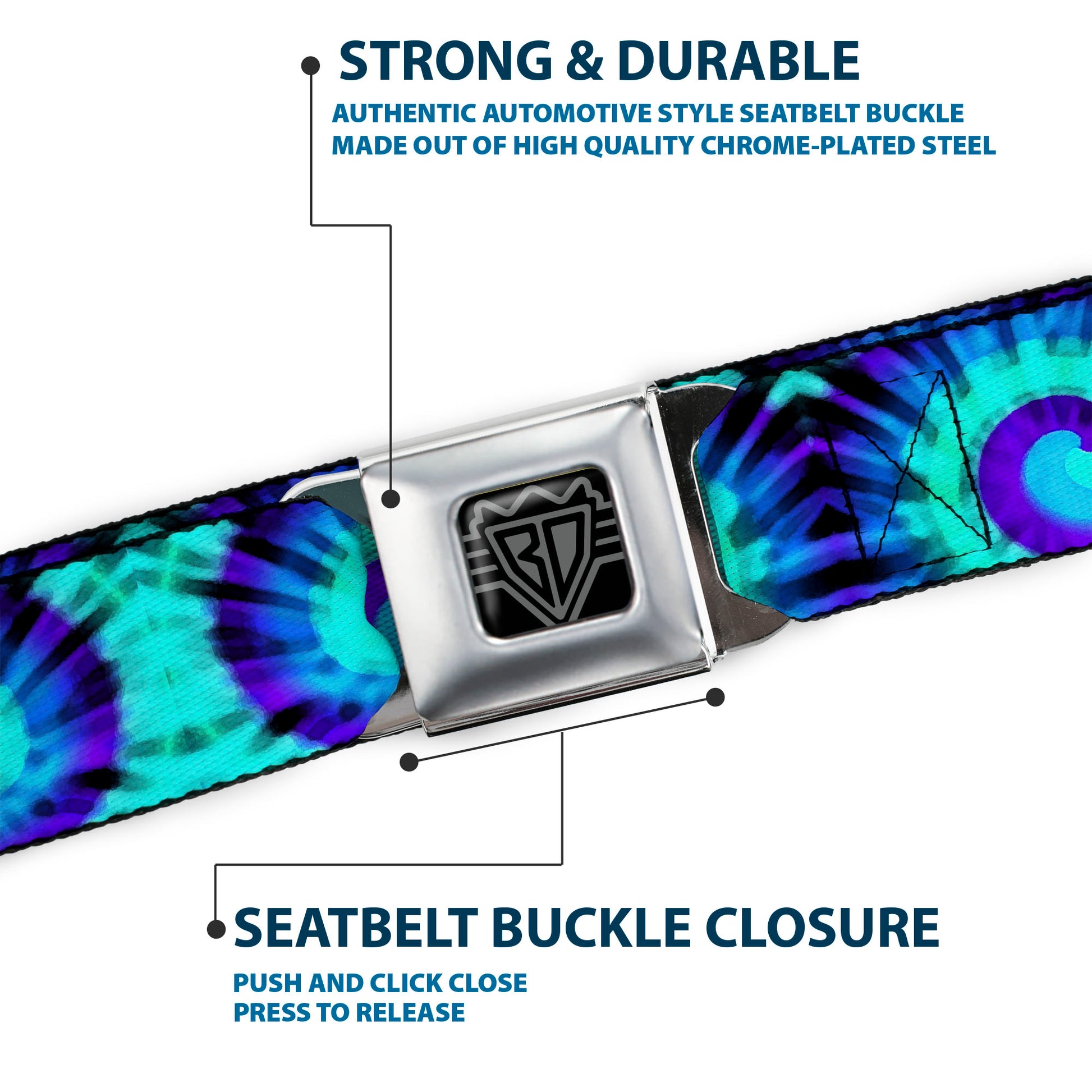 BD Wings Logo CLOSE-UP Black/Silver Seatbelt Belt - Tie Dye Swirl Purples/Blues Webbing Seatbelt Belts Buckle-Down