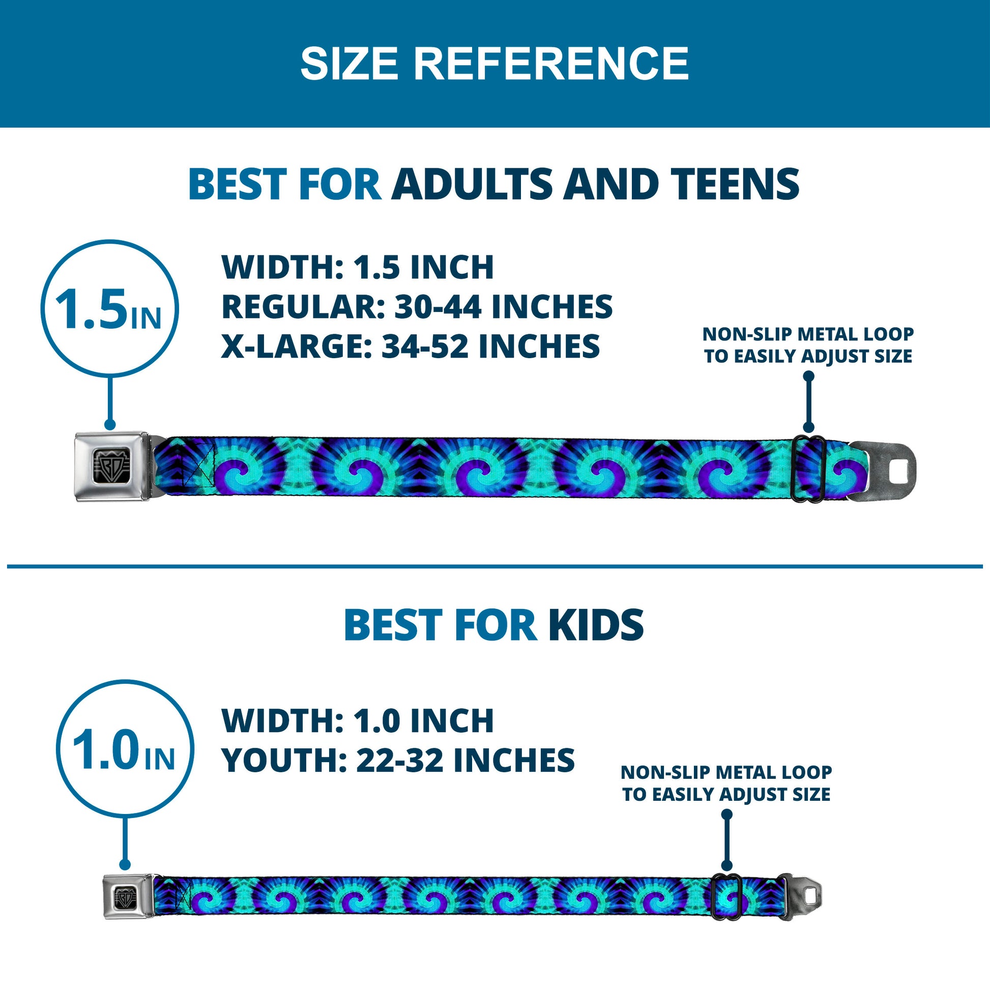 BD Wings Logo CLOSE-UP Black/Silver Seatbelt Belt - Tie Dye Swirl Purples/Blues Webbing Seatbelt Belts Buckle-Down