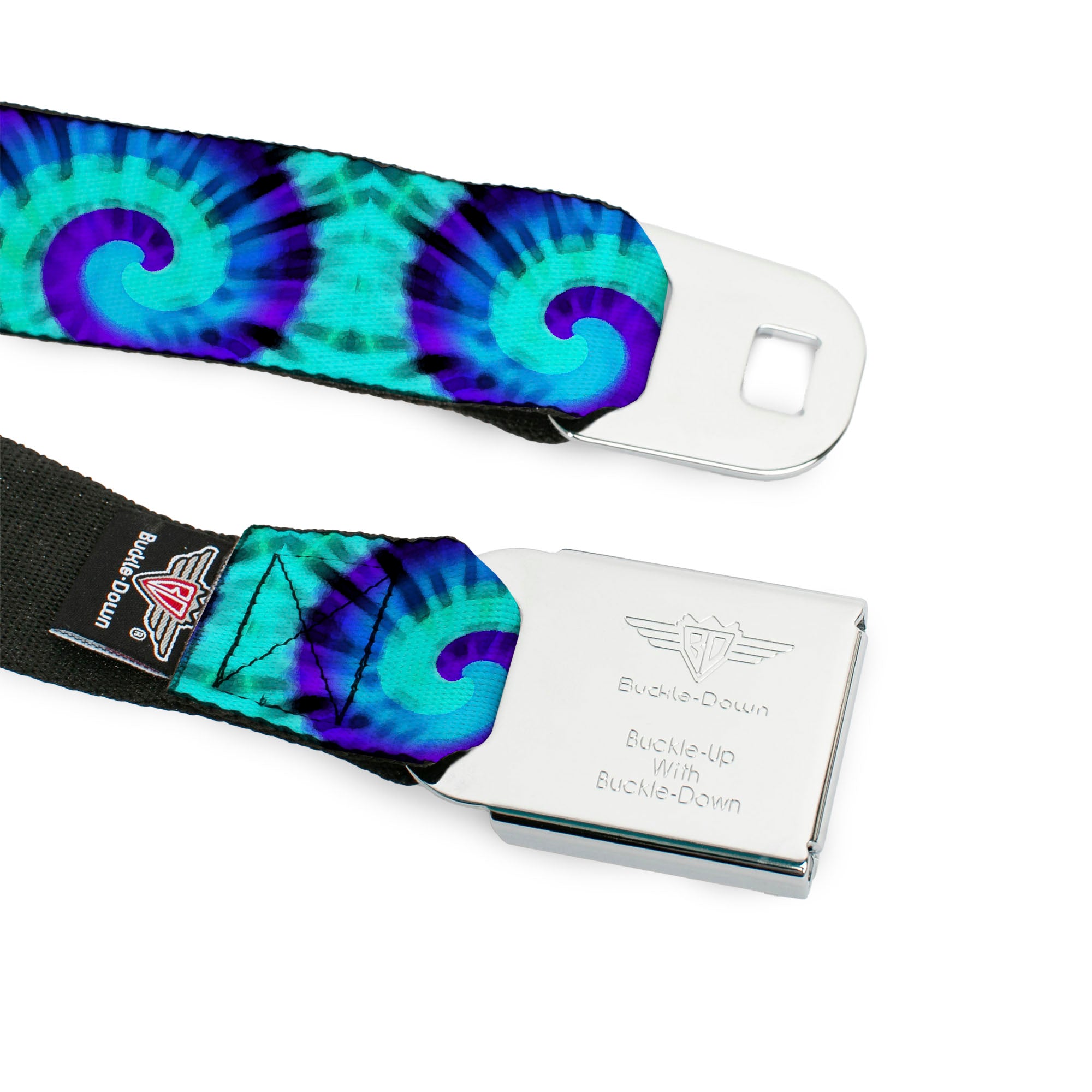 BD Wings Logo CLOSE-UP Black/Silver Seatbelt Belt - Tie Dye Swirl Purples/Blues Webbing Seatbelt Belts Buckle-Down