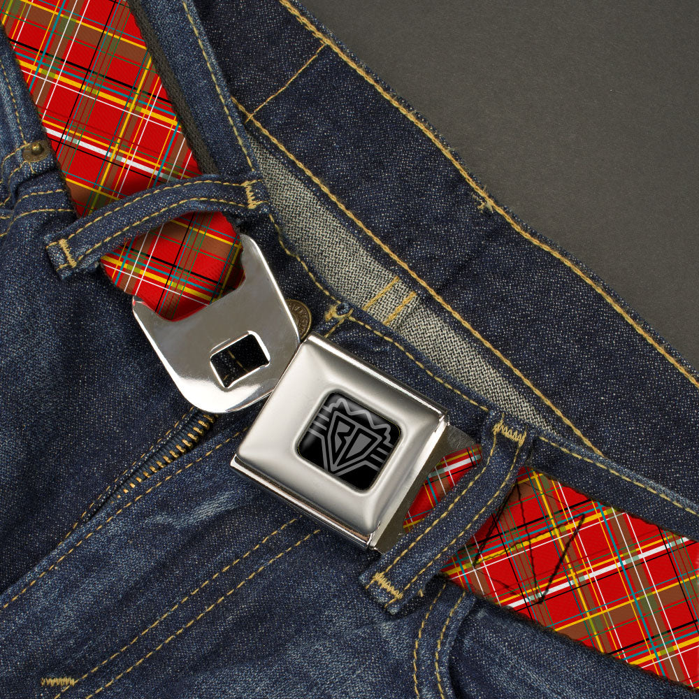 BD Wings Logo CLOSE-UP Black/Silver Seatbelt Belt - Tartan Plaid2 Red/Green/Yellow Webbing Seatbelt Belts Buckle-Down