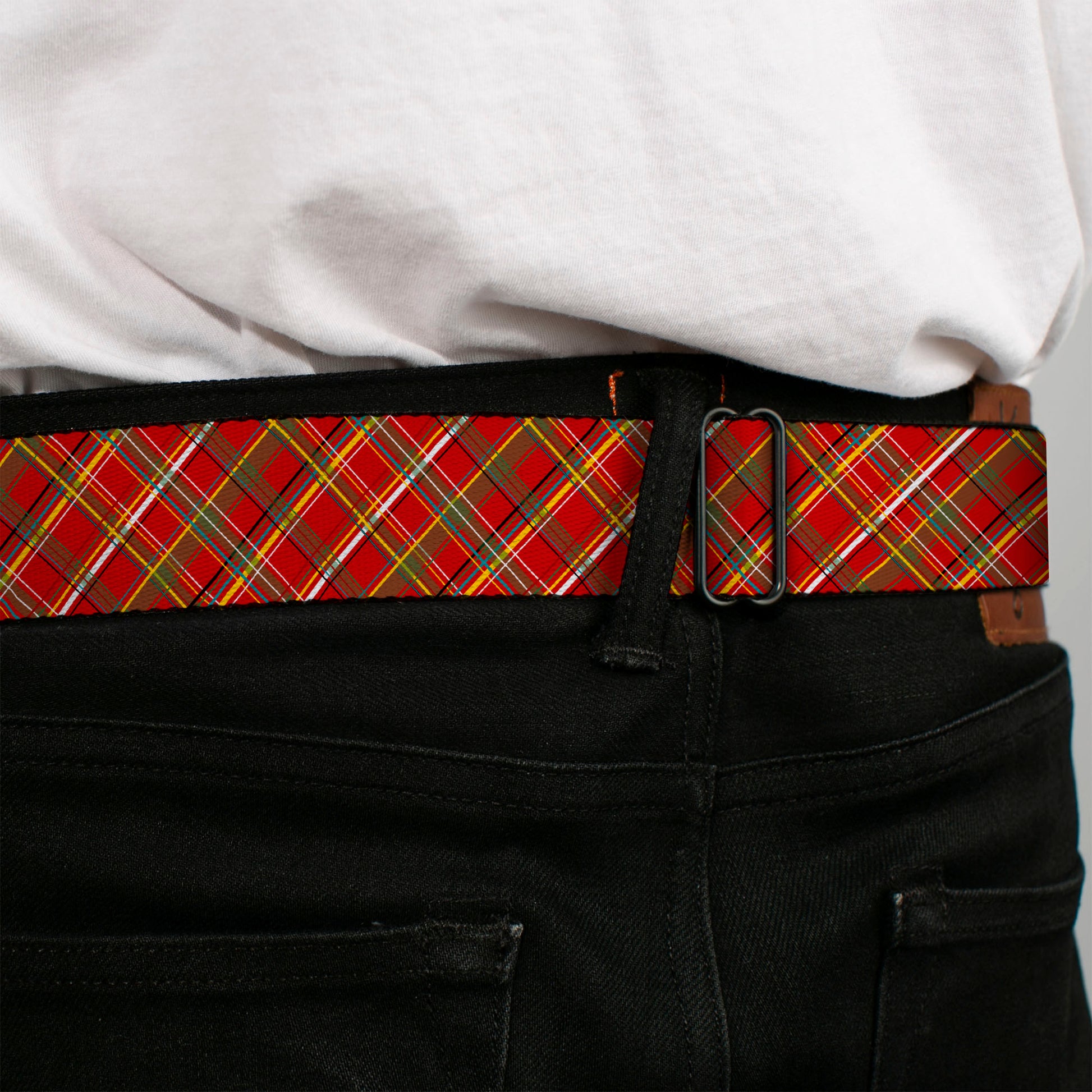 BD Wings Logo CLOSE-UP Black/Silver Seatbelt Belt - Tartan Plaid2 Red/Green/Yellow Webbing Seatbelt Belts Buckle-Down