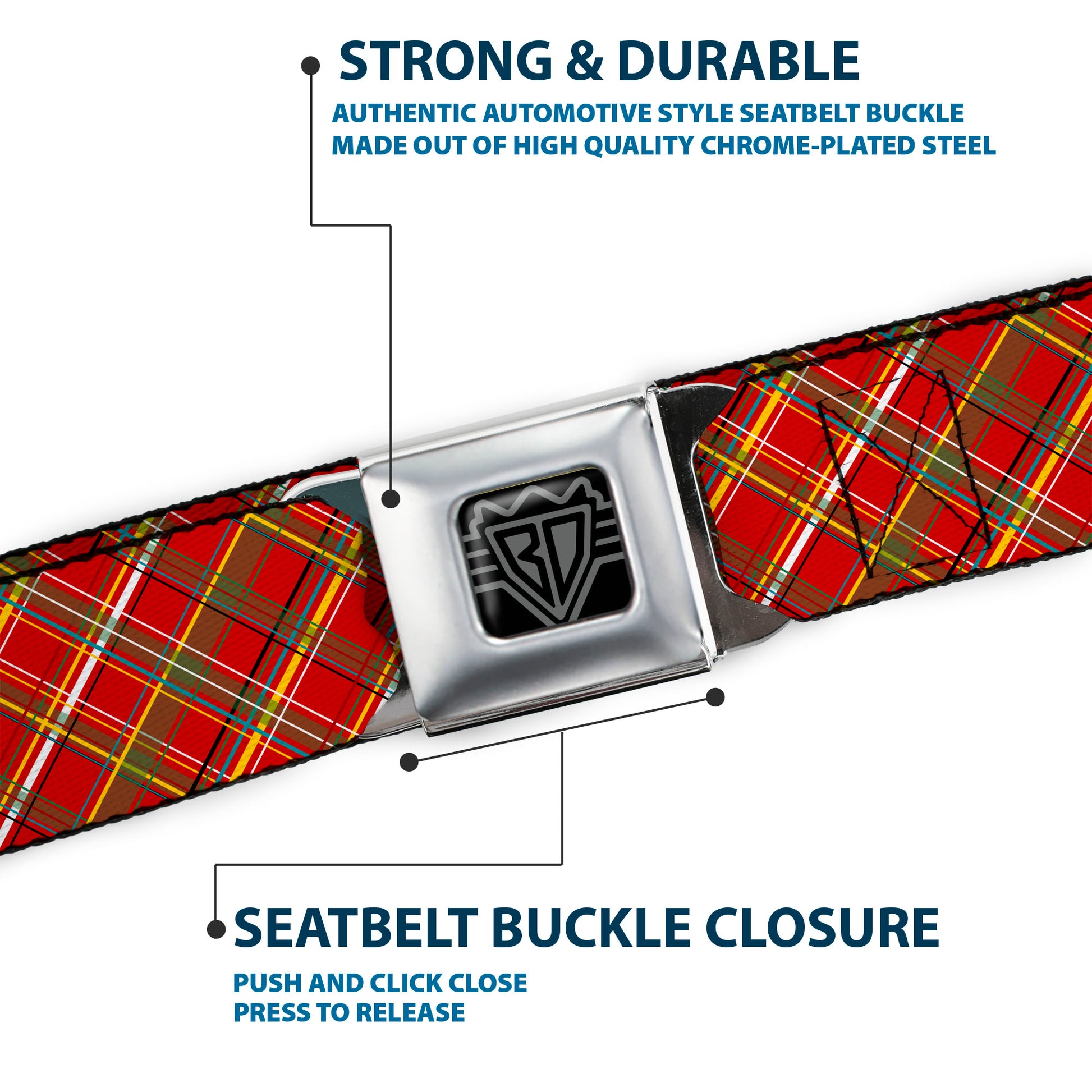 BD Wings Logo CLOSE-UP Black/Silver Seatbelt Belt - Tartan Plaid2 Red/Green/Yellow Webbing Seatbelt Belts Buckle-Down