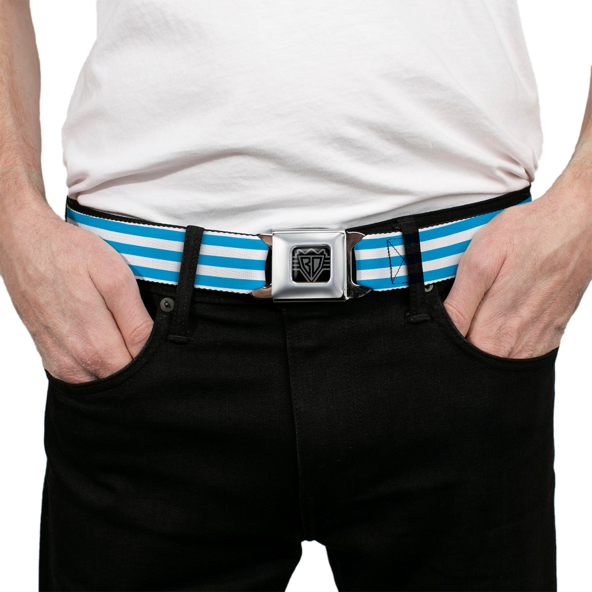BD Wings Logo CLOSE-UP Black/Silver Seatbelt Belt - Triple Stripe White/Blue Webbing Seatbelt Belts Buckle-Down