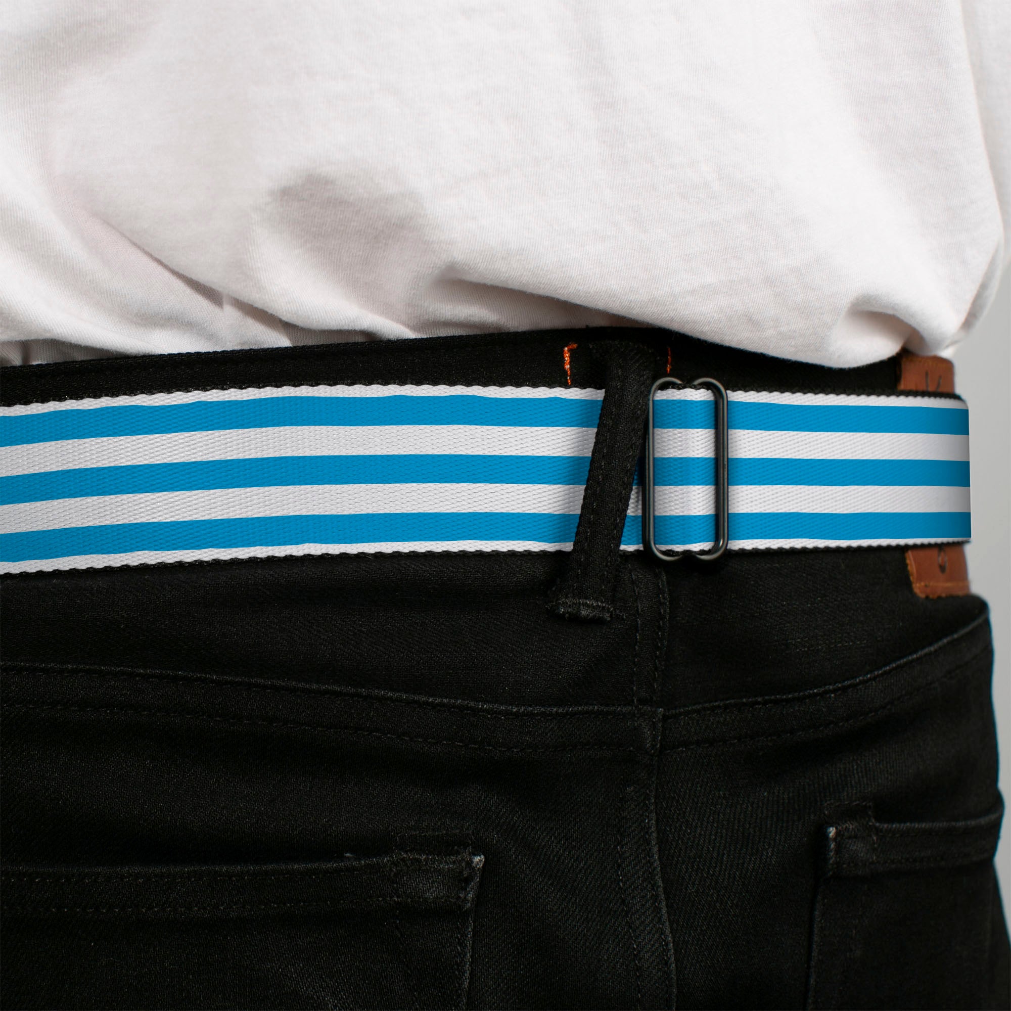 BD Wings Logo CLOSE-UP Black/Silver Seatbelt Belt - Triple Stripe White/Blue Webbing Seatbelt Belts Buckle-Down