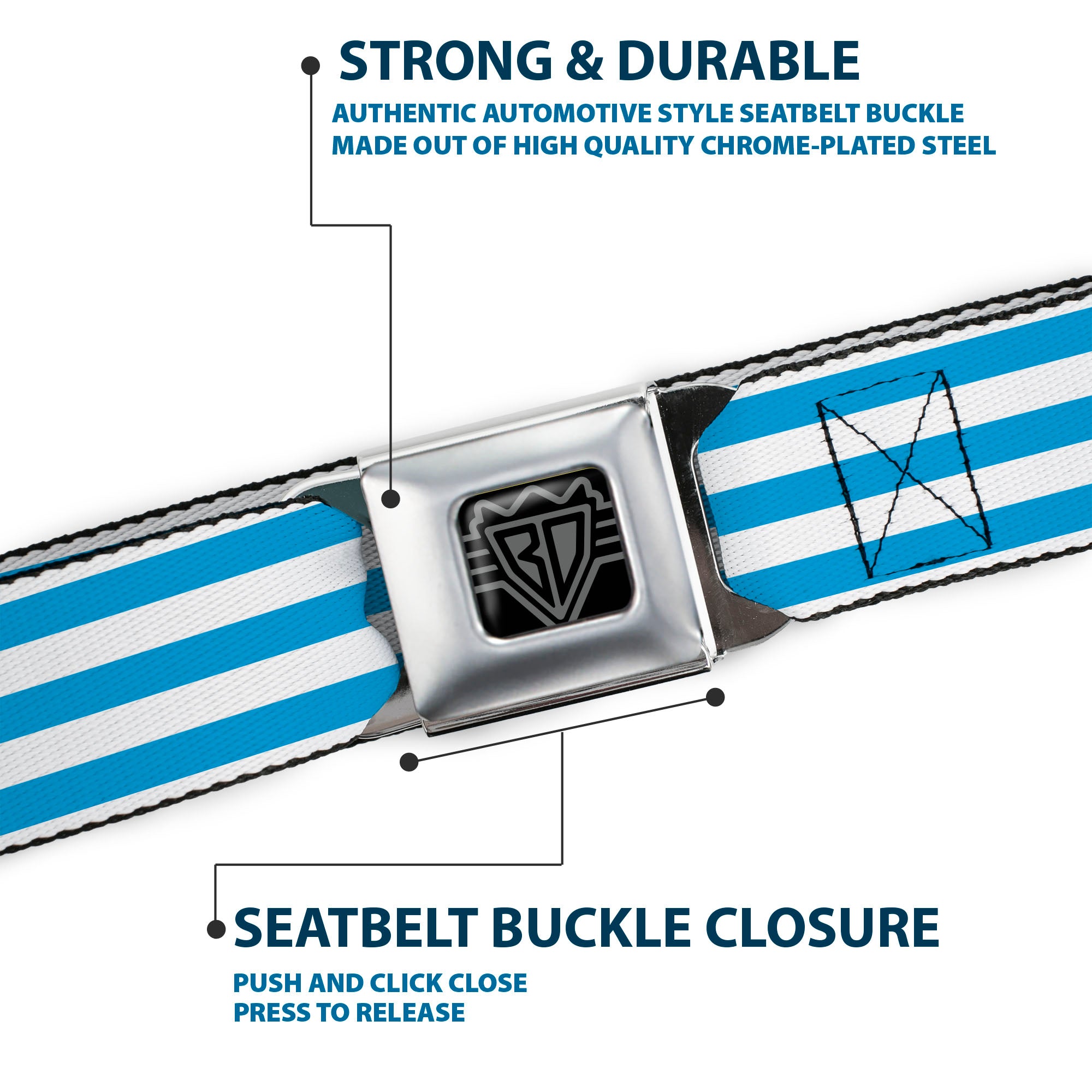 BD Wings Logo CLOSE-UP Black/Silver Seatbelt Belt - Triple Stripe White/Blue Webbing Seatbelt Belts Buckle-Down