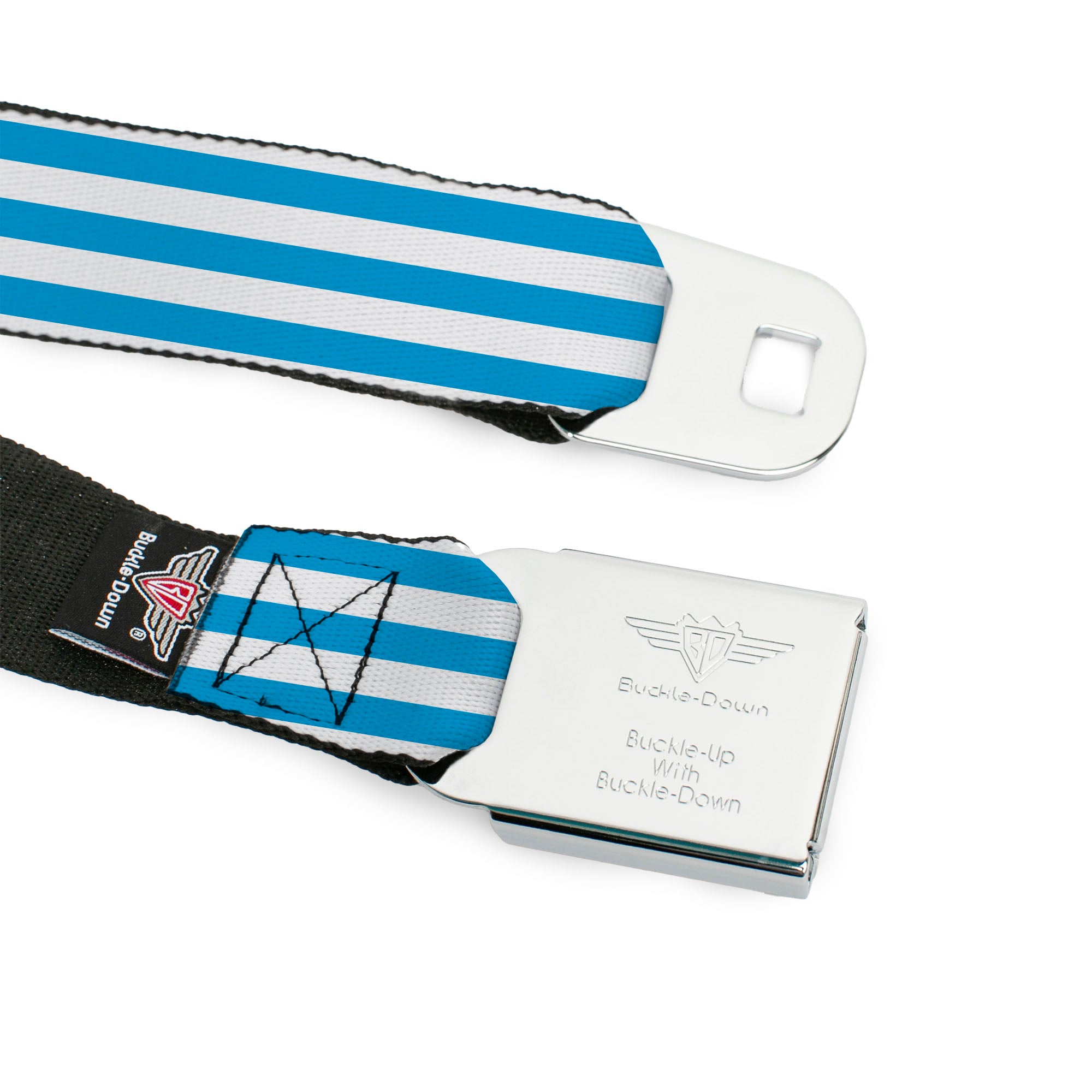 BD Wings Logo CLOSE-UP Black/Silver Seatbelt Belt - Triple Stripe White/Blue Webbing Seatbelt Belts Buckle-Down