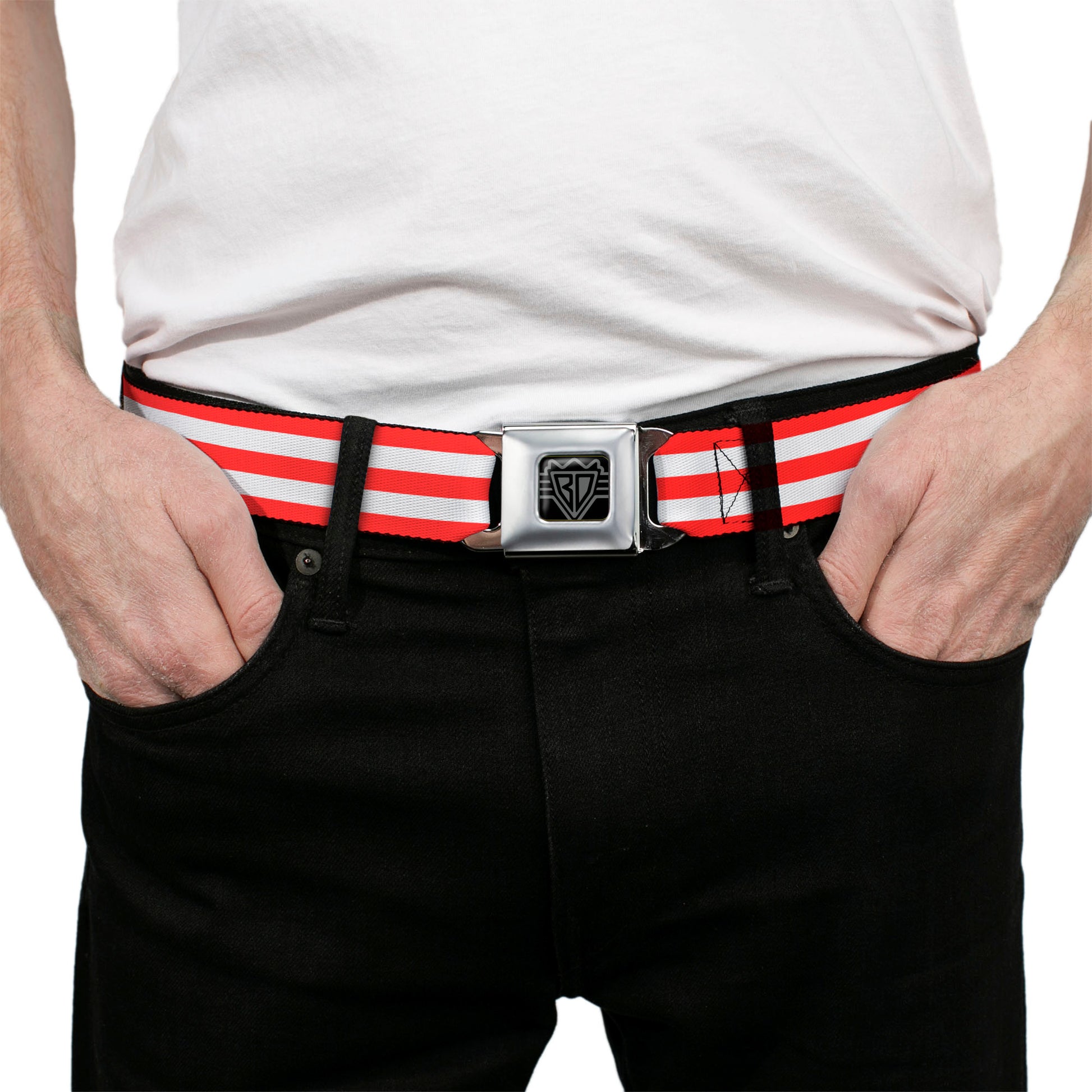 BD Wings Logo CLOSE-UP Black/Silver Seatbelt Belt - Triple Stripe White/Red Webbing Seatbelt Belts Buckle-Down