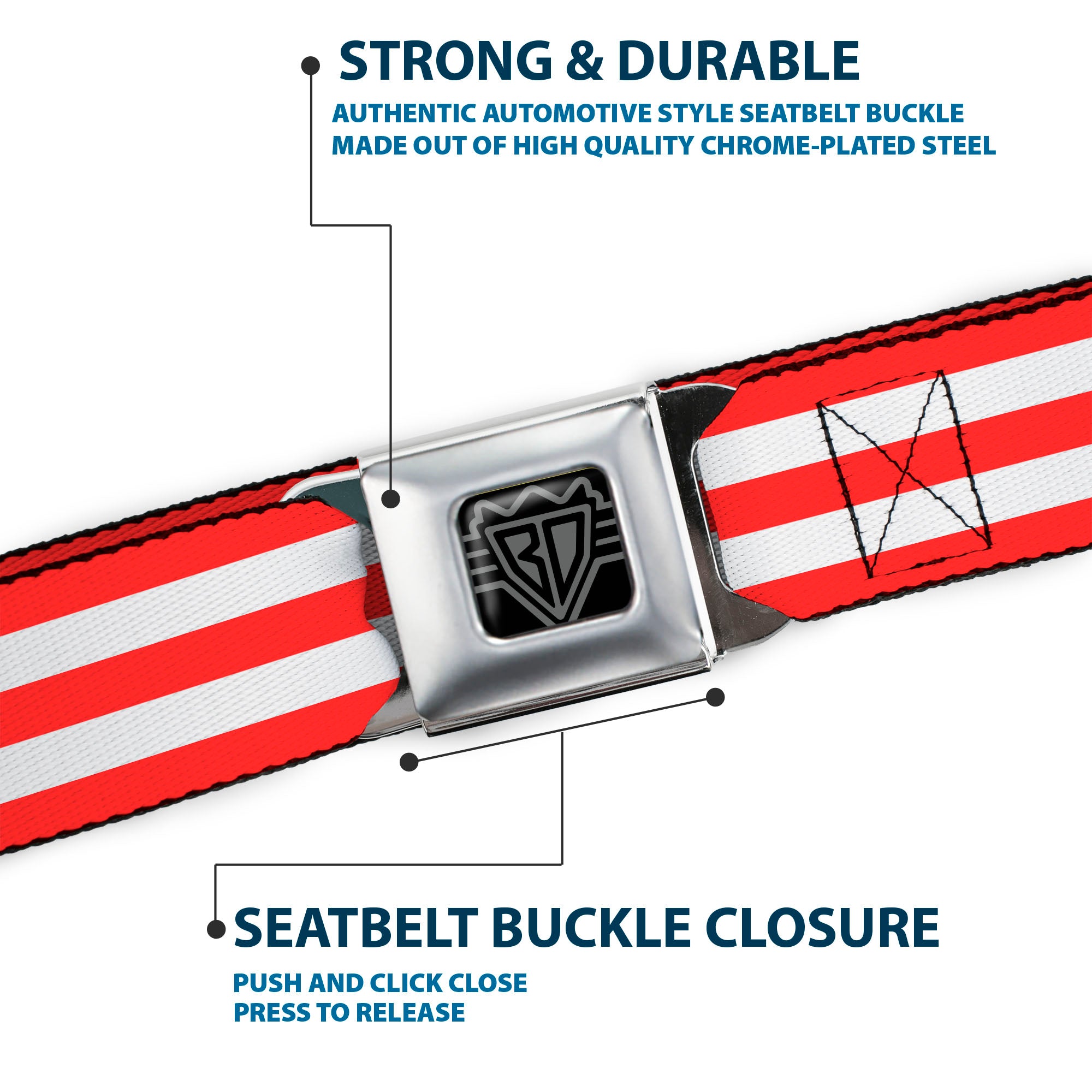 BD Wings Logo CLOSE-UP Black/Silver Seatbelt Belt - Triple Stripe White/Red Webbing Seatbelt Belts Buckle-Down