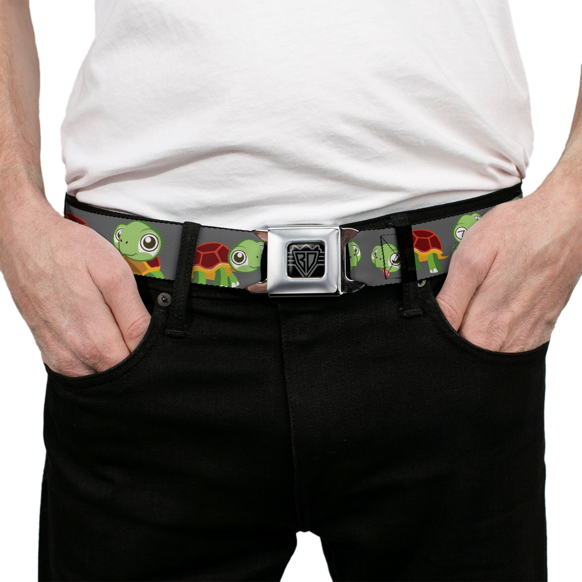 BD Wings Logo CLOSE-UP Full Color Black Silver Seatbelt Belt - Turtle Cartoon Poses Gray Webbing Seatbelt Belts Buckle-Down