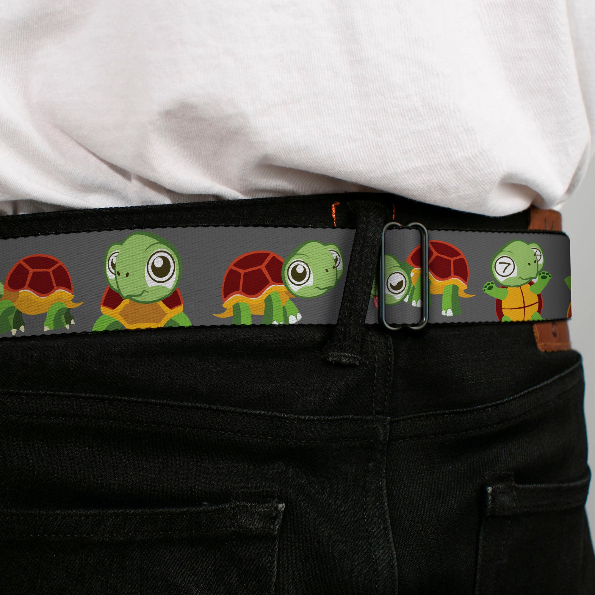 BD Wings Logo CLOSE-UP Full Color Black Silver Seatbelt Belt - Turtle Cartoon Poses Gray Webbing Seatbelt Belts Buckle-Down