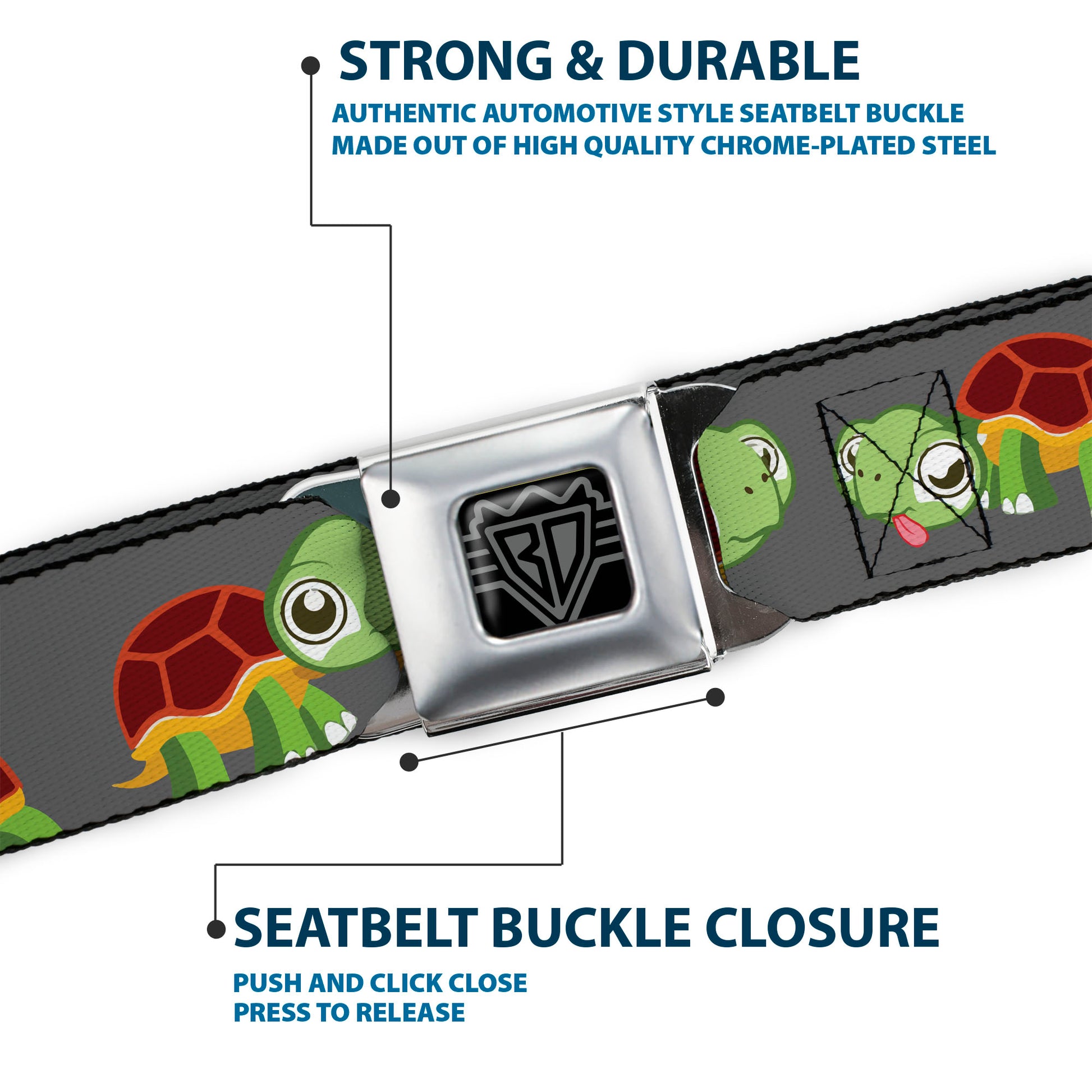 BD Wings Logo CLOSE-UP Full Color Black Silver Seatbelt Belt - Turtle Cartoon Poses Gray Webbing Seatbelt Belts Buckle-Down
