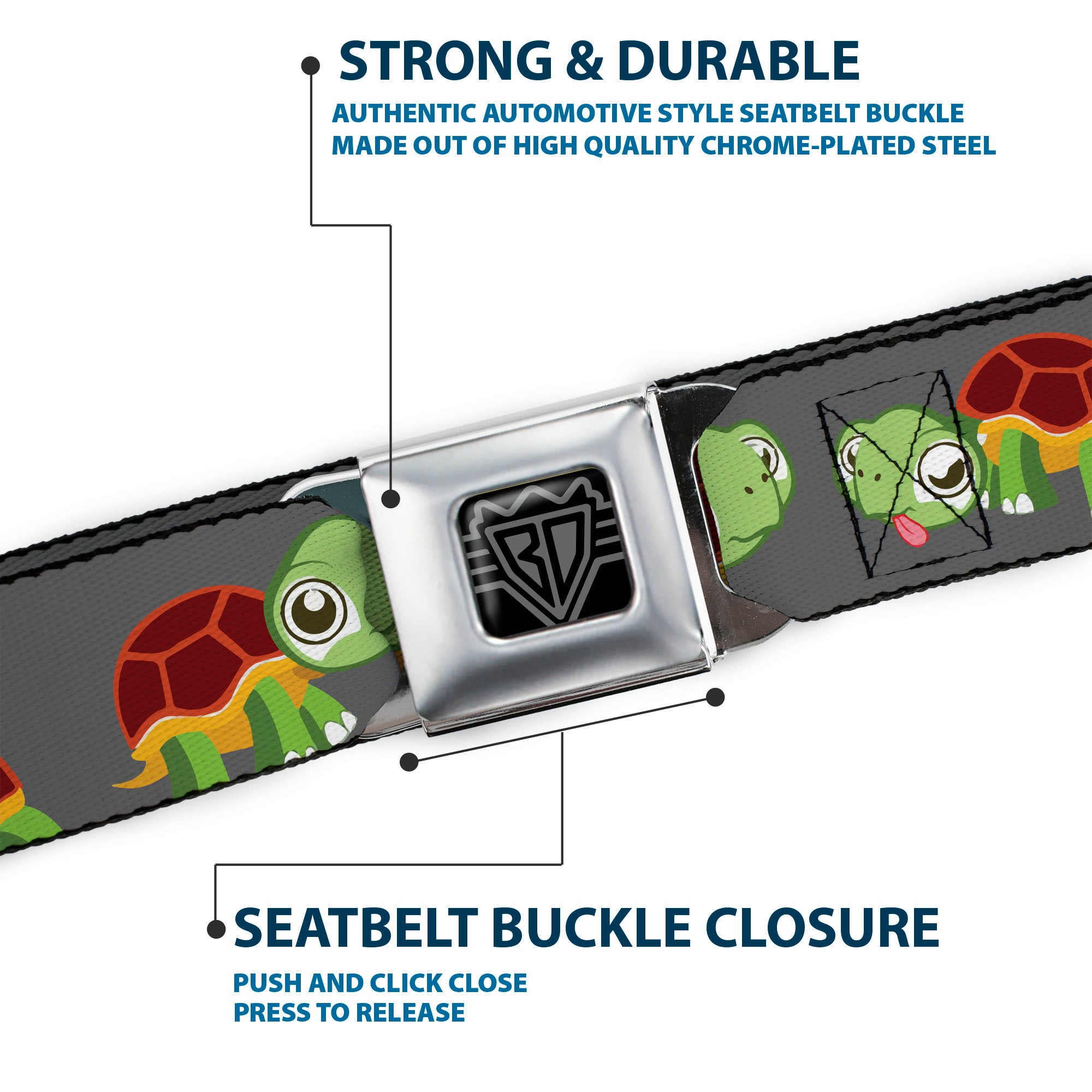 BD Wings Logo CLOSE-UP Full Color Black Silver Seatbelt Belt - Turtle Cartoon Poses Gray Webbing Seatbelt Belts Buckle-Down