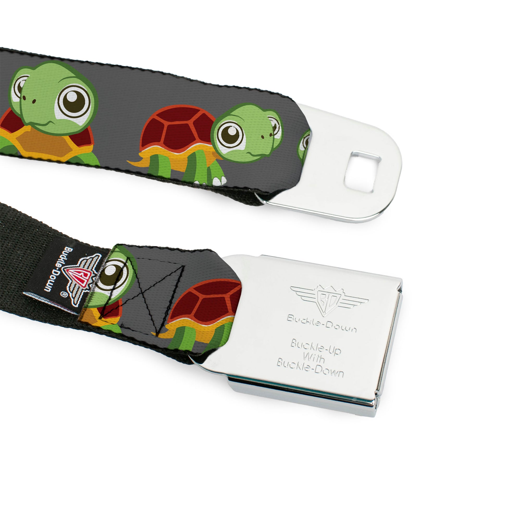 BD Wings Logo CLOSE-UP Full Color Black Silver Seatbelt Belt - Turtle Cartoon Poses Gray Webbing Seatbelt Belts Buckle-Down
