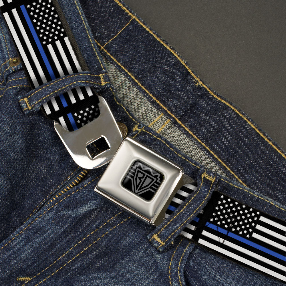BD Wings Logo CLOSE-UP Black/Silver Seatbelt Belt - Thin Blue Line Flag Black/Gray/Blue Webbing Seatbelt Belts Buckle-Down
