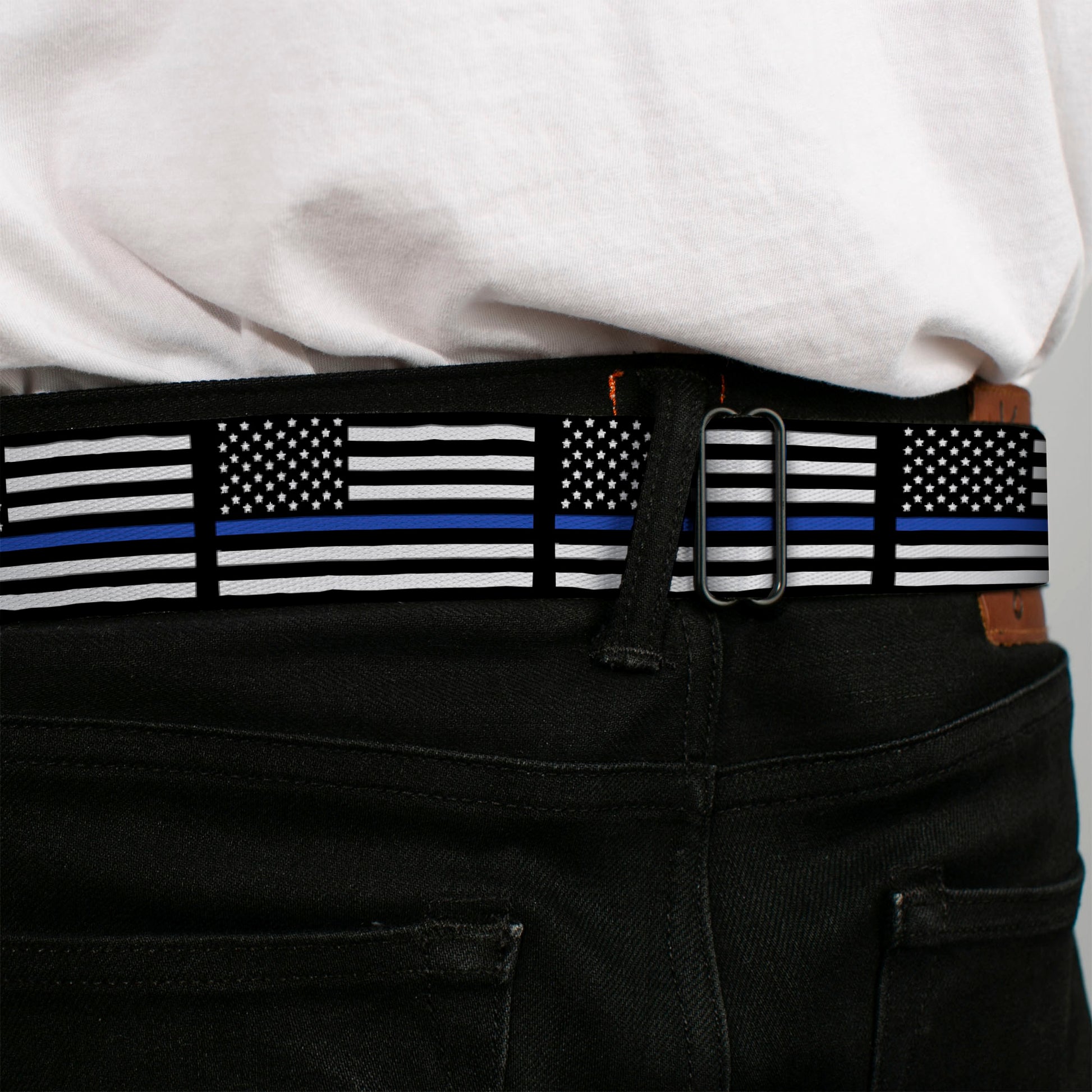 BD Wings Logo CLOSE-UP Black/Silver Seatbelt Belt - Thin Blue Line Flag Black/Gray/Blue Webbing Seatbelt Belts Buckle-Down