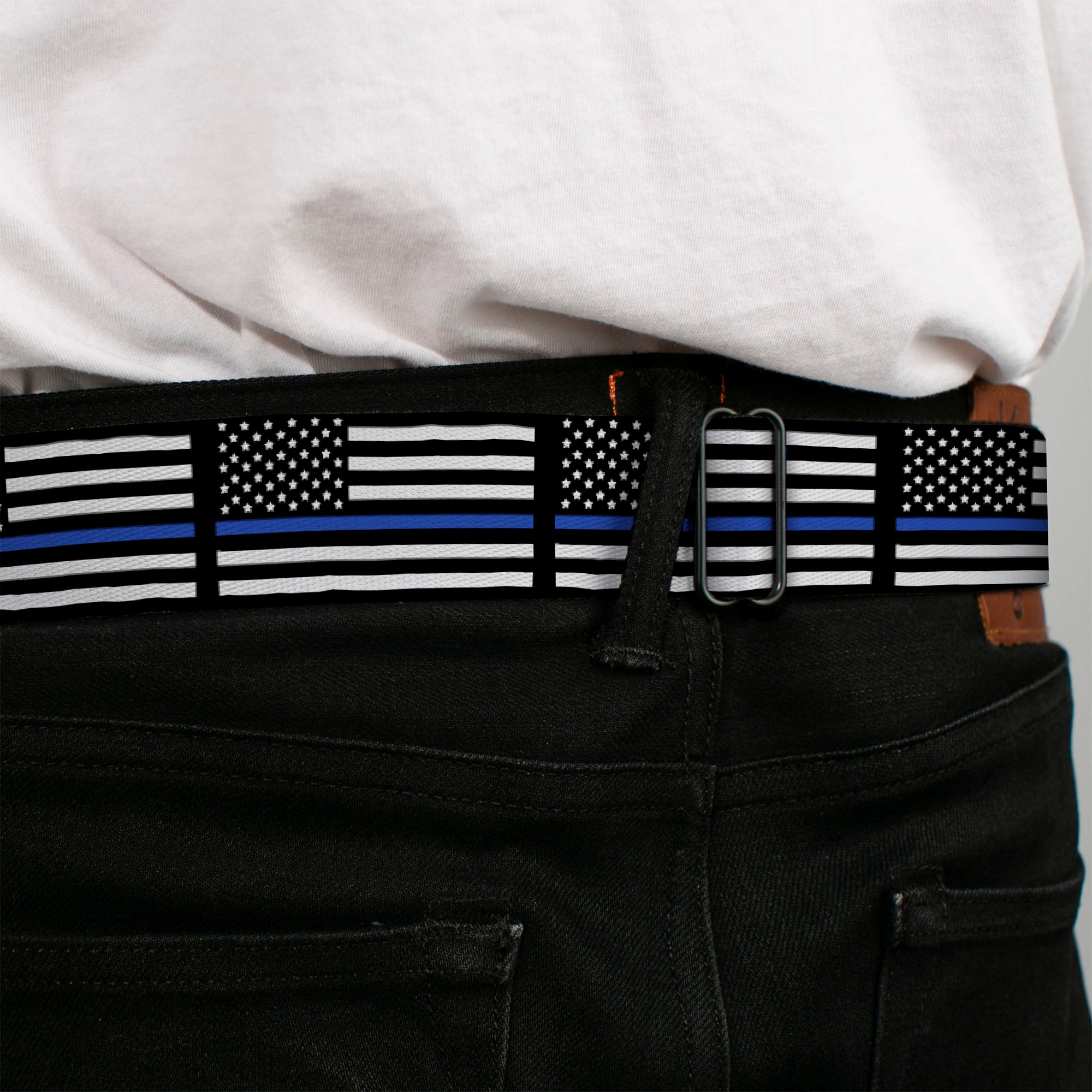 BD Wings Logo CLOSE-UP Black/Silver Seatbelt Belt - Thin Blue Line Flag Black/Gray/Blue Webbing Seatbelt Belts Buckle-Down
