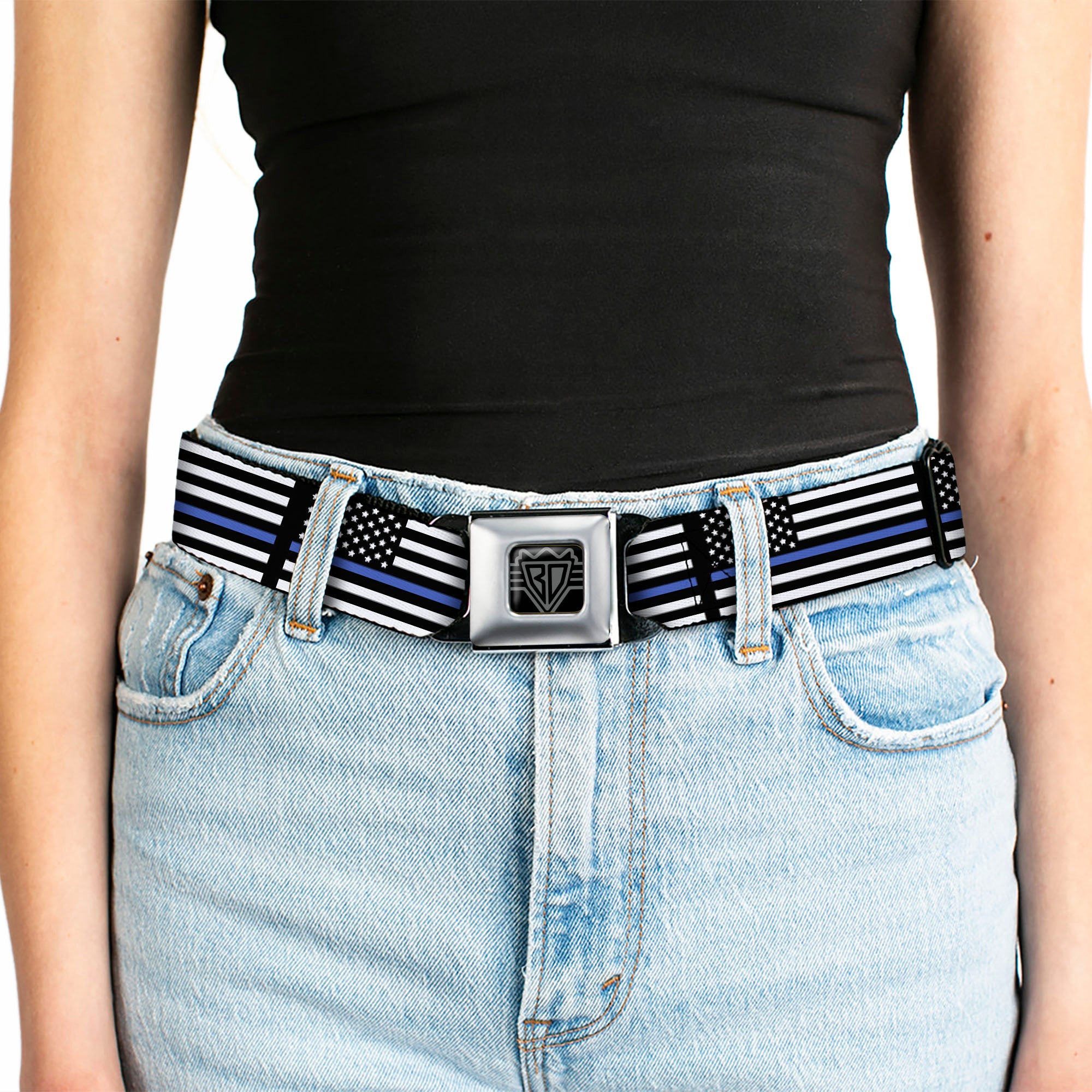 BD Wings Logo CLOSE-UP Black/Silver Seatbelt Belt - Thin Blue Line Flag Black/Gray/Blue Webbing Seatbelt Belts Buckle-Down