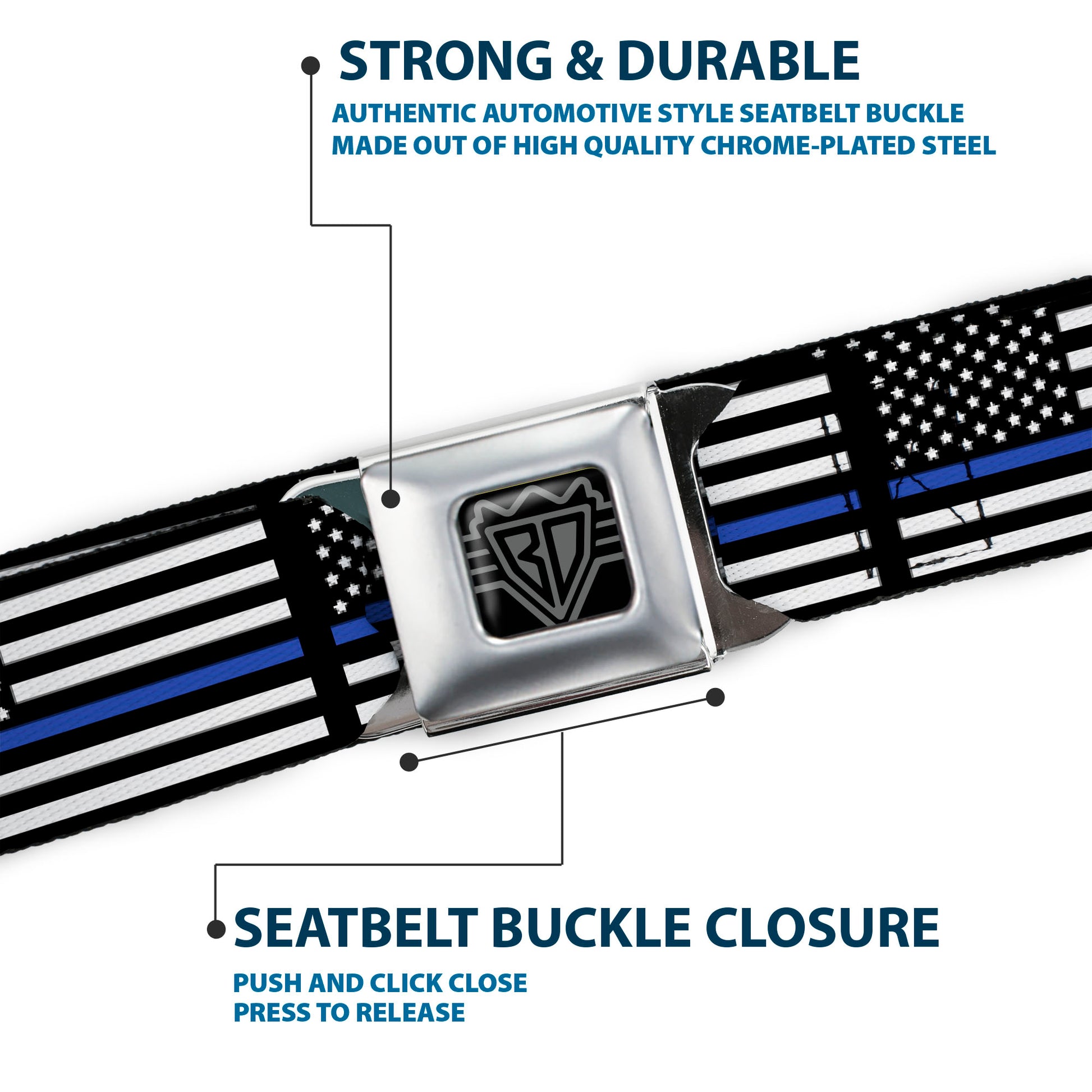 BD Wings Logo CLOSE-UP Black/Silver Seatbelt Belt - Thin Blue Line Flag Black/Gray/Blue Webbing Seatbelt Belts Buckle-Down