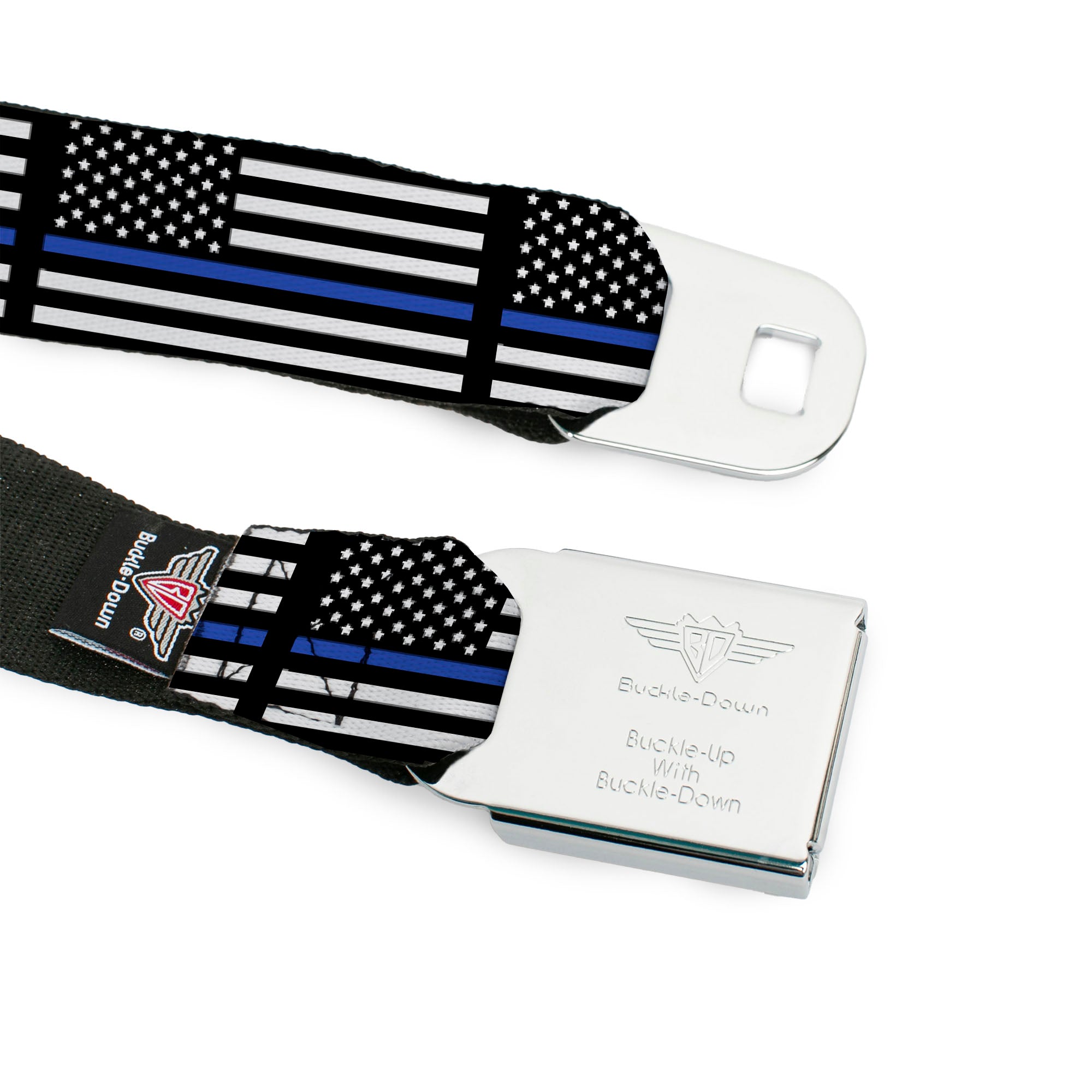 BD Wings Logo CLOSE-UP Black/Silver Seatbelt Belt - Thin Blue Line Flag Black/Gray/Blue Webbing Seatbelt Belts Buckle-Down