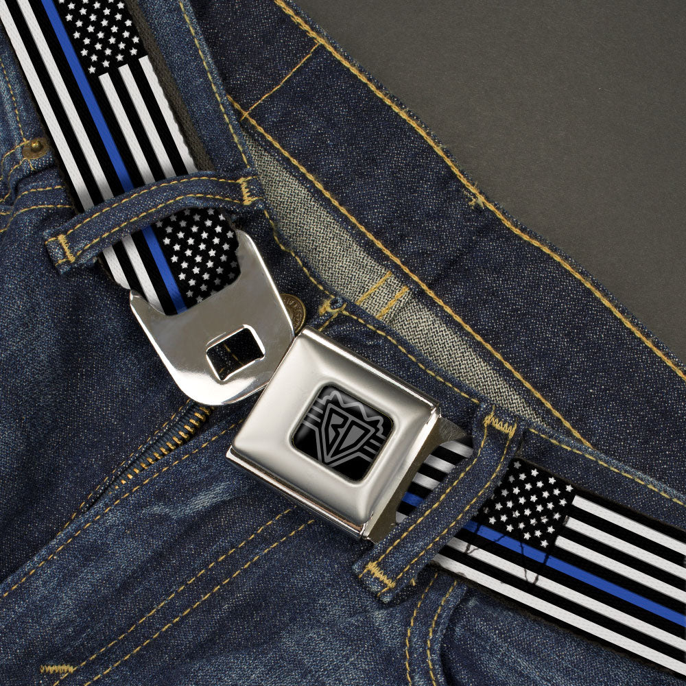 BD Wings Logo CLOSE-UP Black/Silver Seatbelt Belt - Thin Blue Line Flag Continuous Black/Gray/Blue Webbing Seatbelt Belts Buckle-Down
