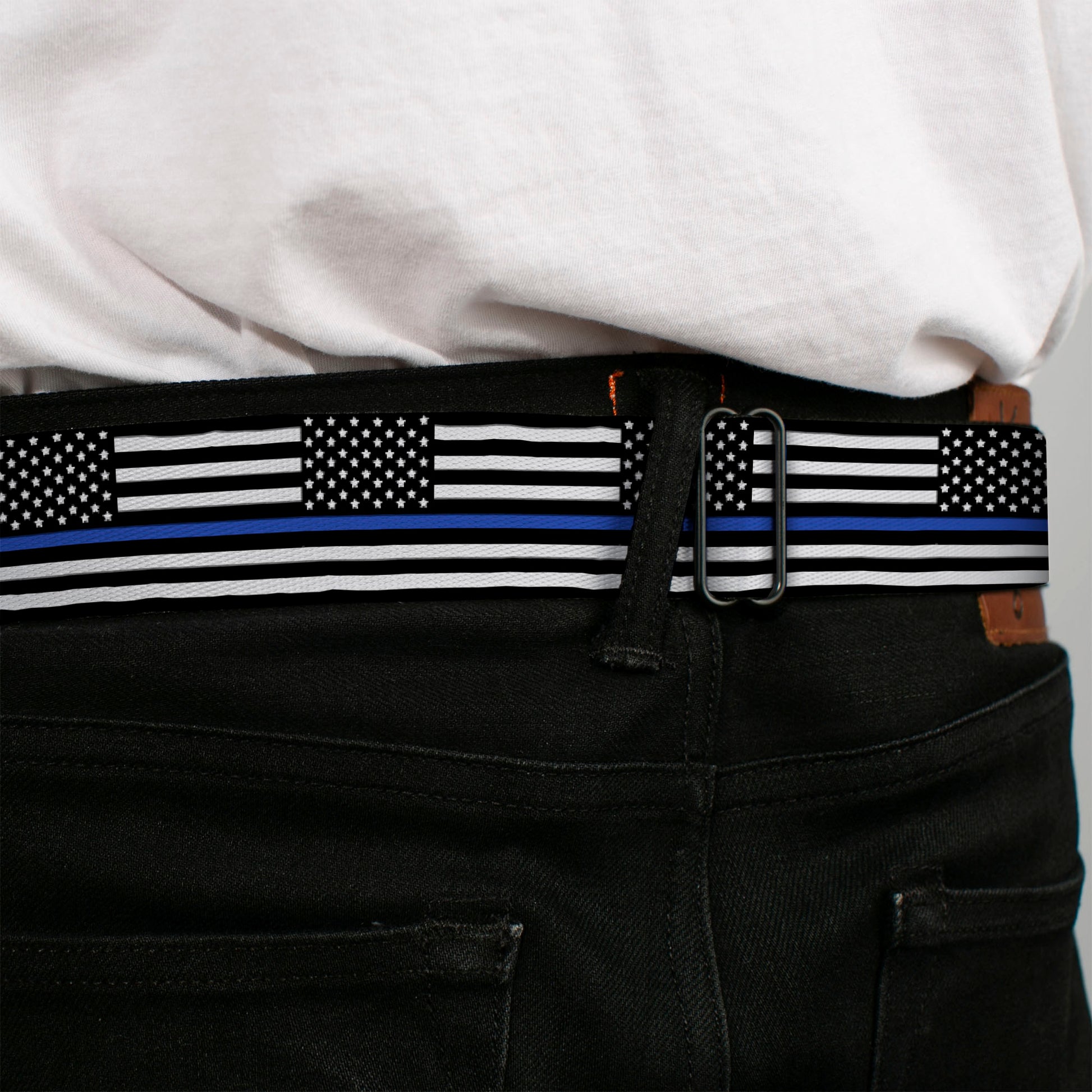 BD Wings Logo CLOSE-UP Black/Silver Seatbelt Belt - Thin Blue Line Flag Continuous Black/Gray/Blue Webbing Seatbelt Belts Buckle-Down