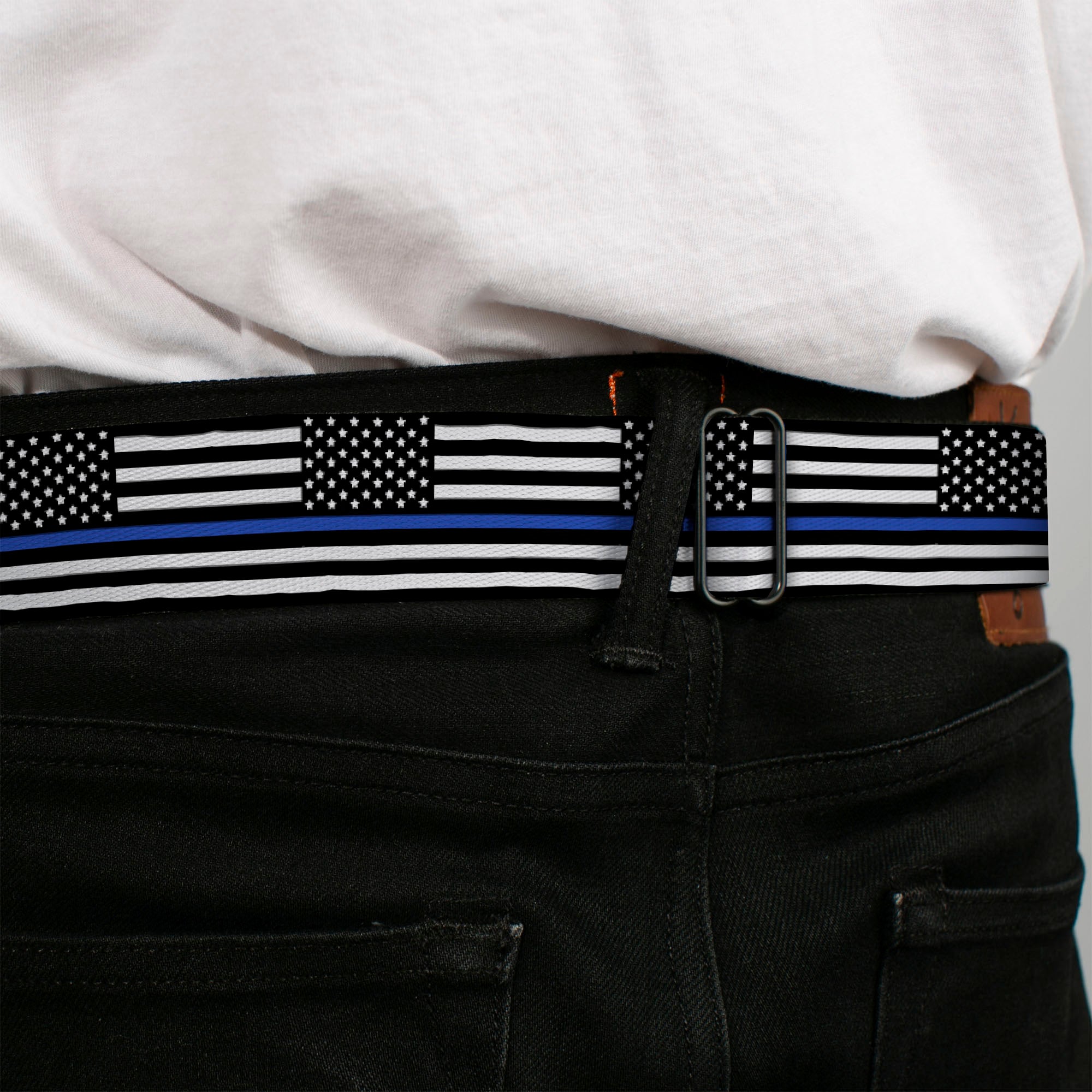BD Wings Logo CLOSE-UP Black/Silver Seatbelt Belt - Thin Blue Line Flag Continuous Black/Gray/Blue Webbing Seatbelt Belts Buckle-Down