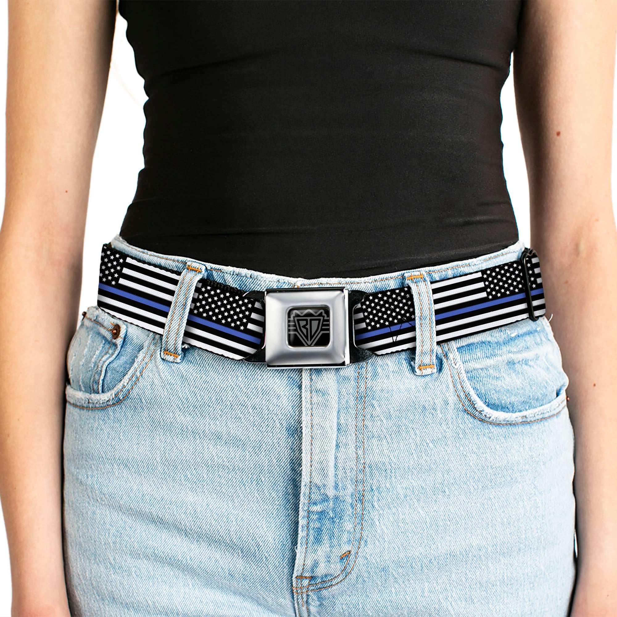 BD Wings Logo CLOSE-UP Black/Silver Seatbelt Belt - Thin Blue Line Flag Continuous Black/Gray/Blue Webbing Seatbelt Belts Buckle-Down