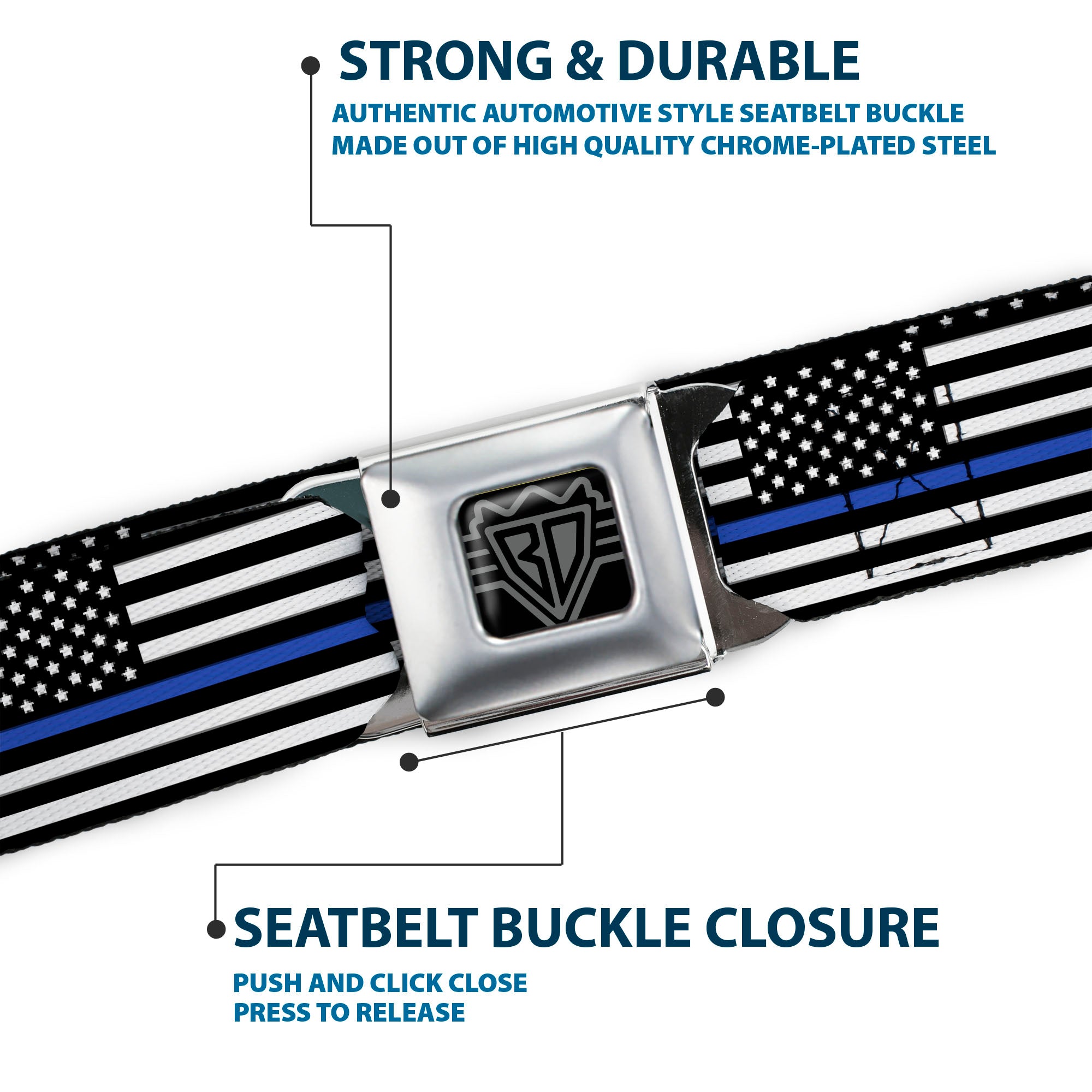 BD Wings Logo CLOSE-UP Black/Silver Seatbelt Belt - Thin Blue Line Flag Continuous Black/Gray/Blue Webbing Seatbelt Belts Buckle-Down