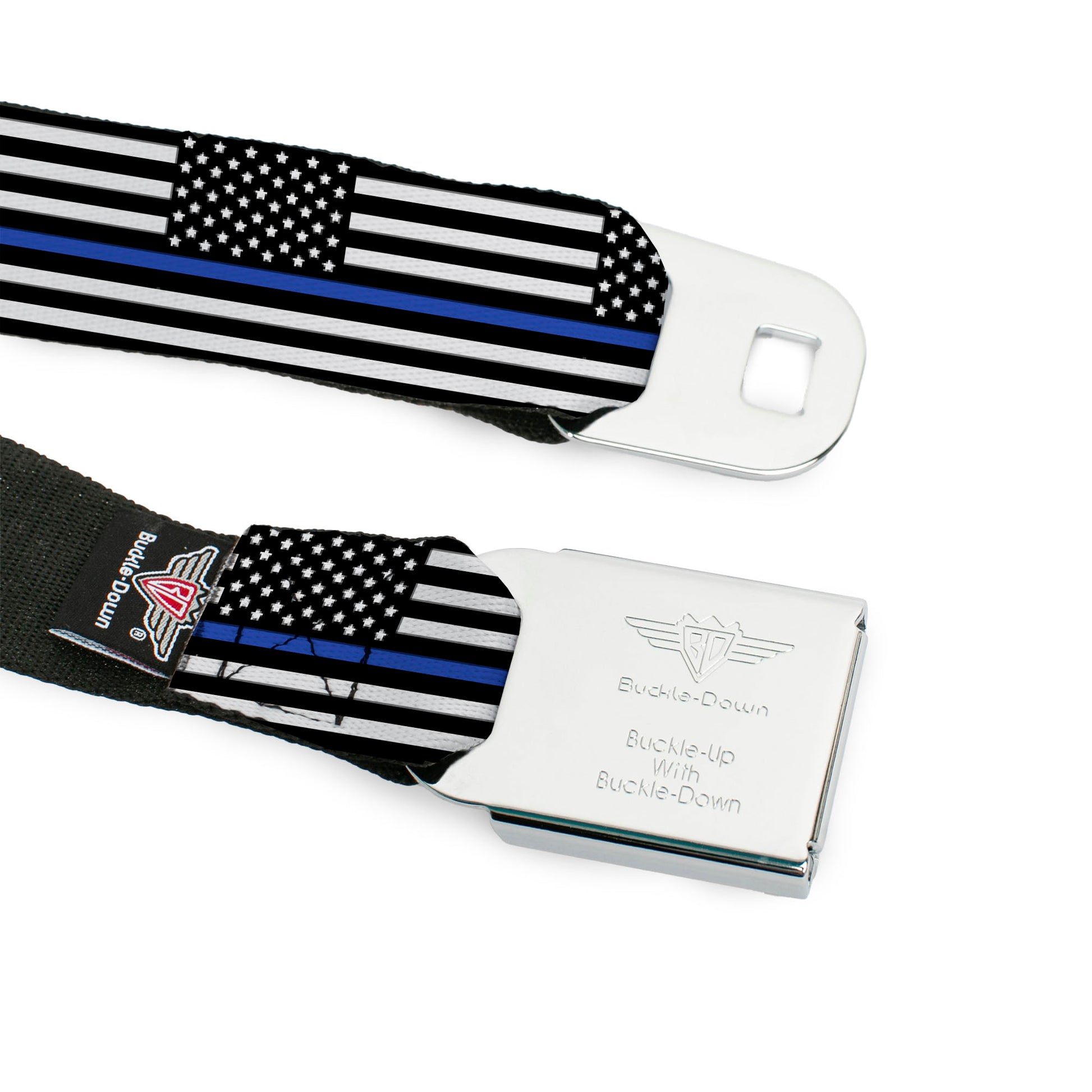 BD Wings Logo CLOSE-UP Black/Silver Seatbelt Belt - Thin Blue Line Flag Continuous Black/Gray/Blue Webbing Seatbelt Belts Buckle-Down