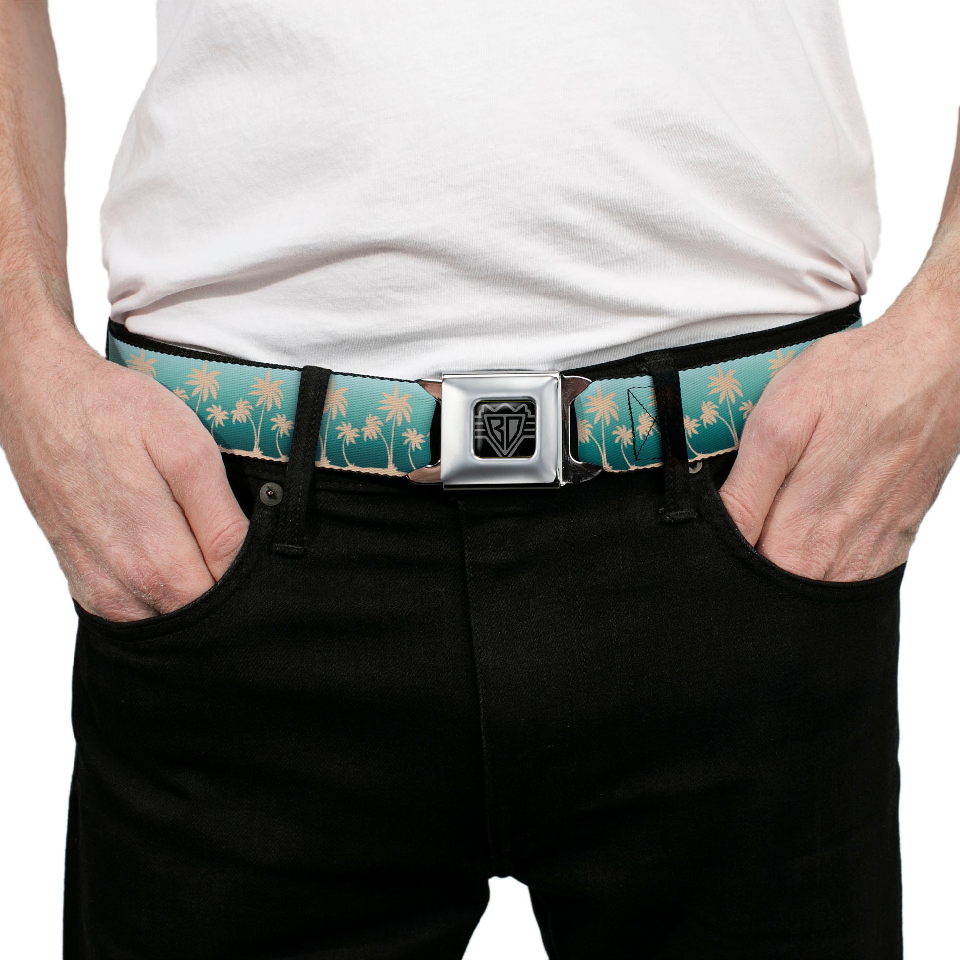 BD Wings Logo CLOSE-UP Black/Silver Seatbelt Belt - Track Weave Turquoise Blues/Black Webbing Seatbelt Belts Buckle-Down