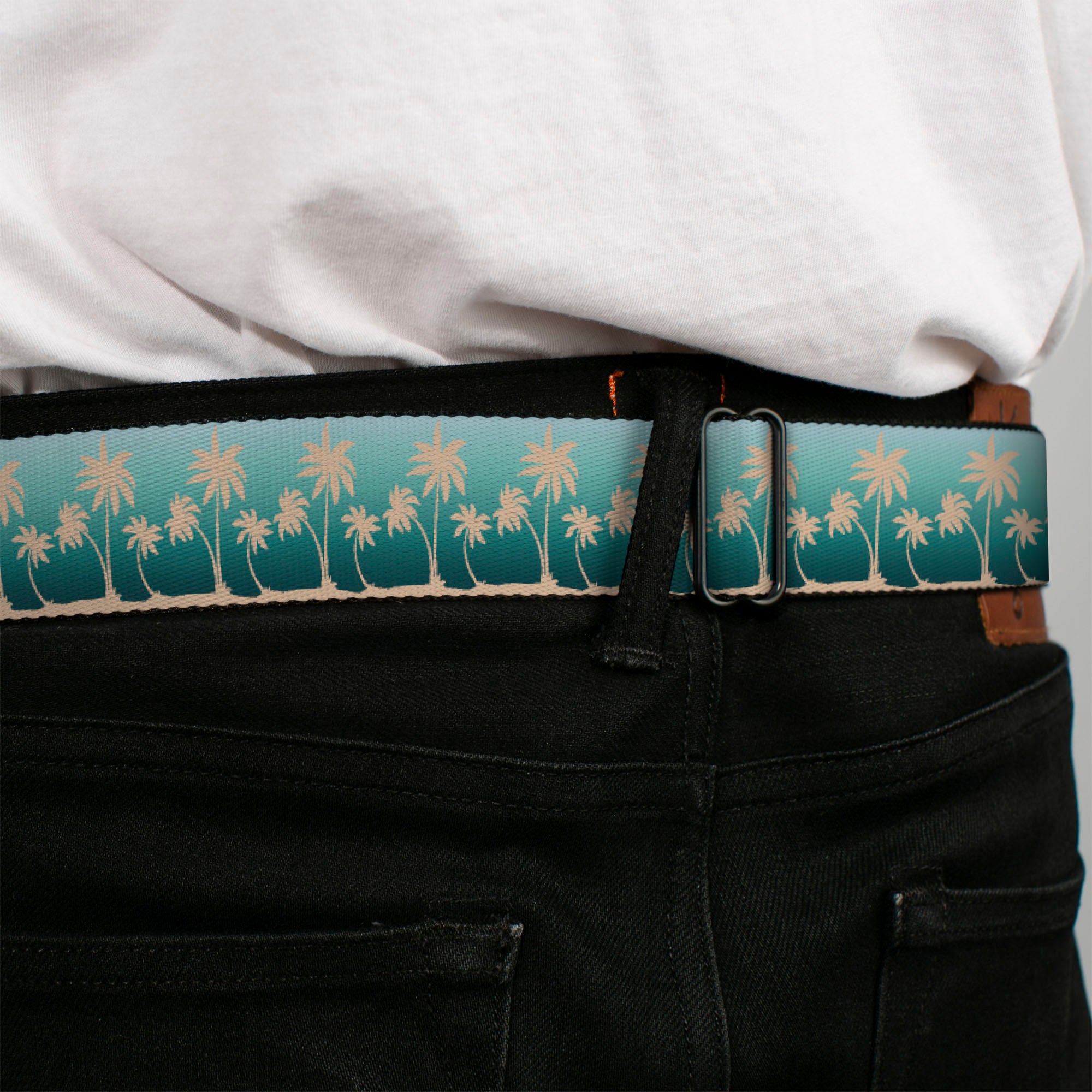 BD Wings Logo CLOSE-UP Black/Silver Seatbelt Belt - Track Weave Turquoise Blues/Black Webbing Seatbelt Belts Buckle-Down