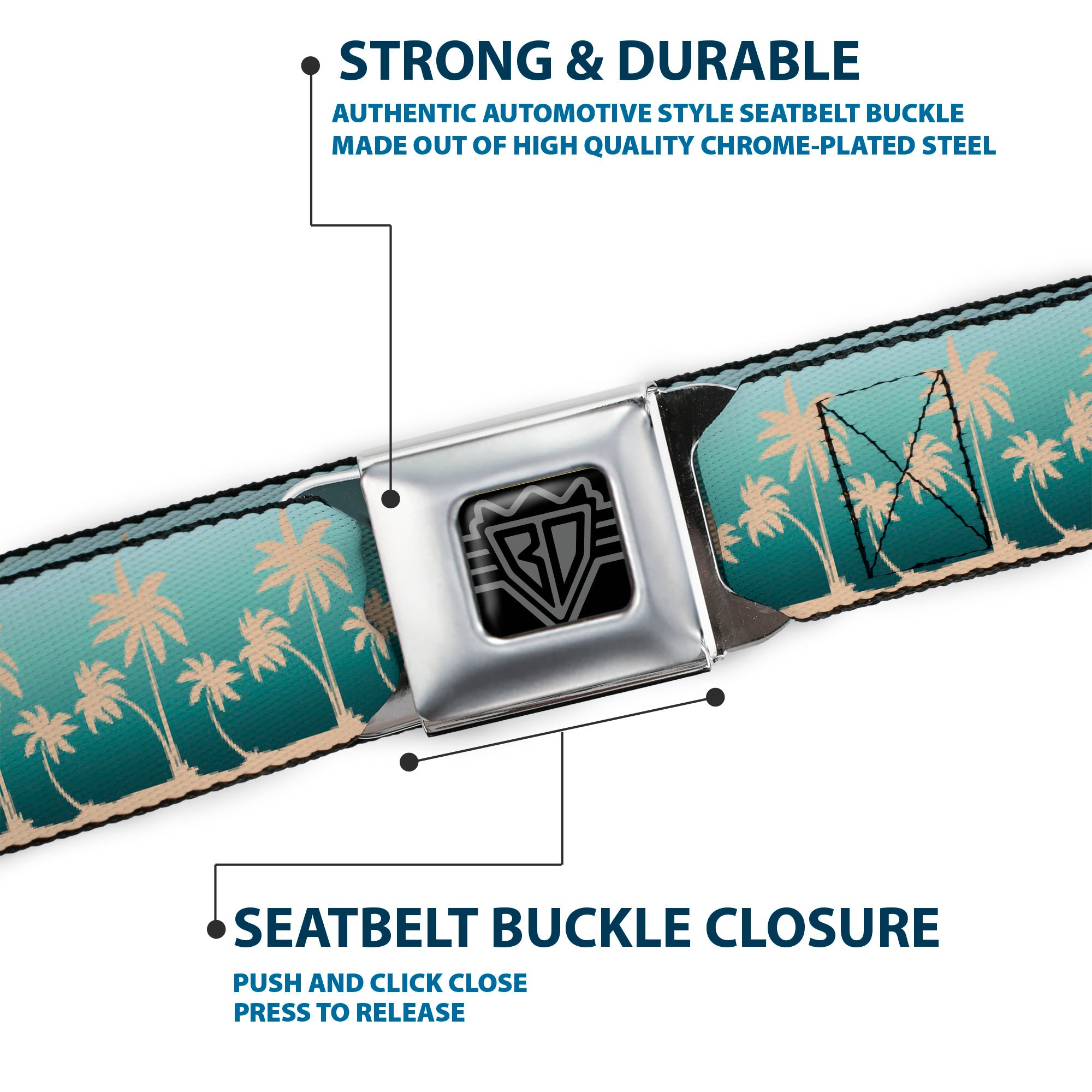 BD Wings Logo CLOSE-UP Black/Silver Seatbelt Belt - Track Weave Turquoise Blues/Black Webbing Seatbelt Belts Buckle-Down