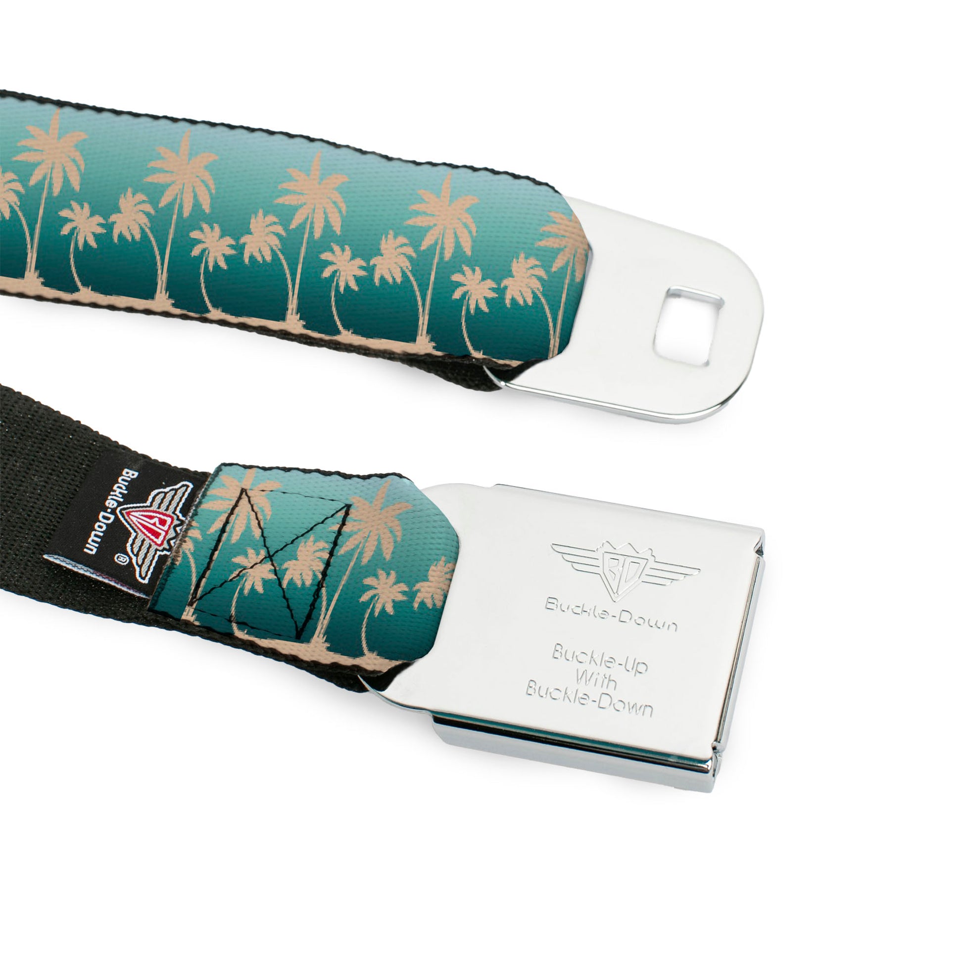 BD Wings Logo CLOSE-UP Black/Silver Seatbelt Belt - Track Weave Turquoise Blues/Black Webbing Seatbelt Belts Buckle-Down