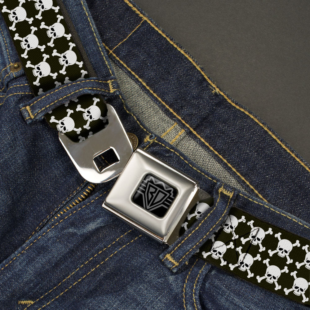 BD Wings Logo CLOSE-UP Black/Silver Seatbelt Belt - Top Skulls Stacked Black/White Webbing Seatbelt Belts Buckle-Down